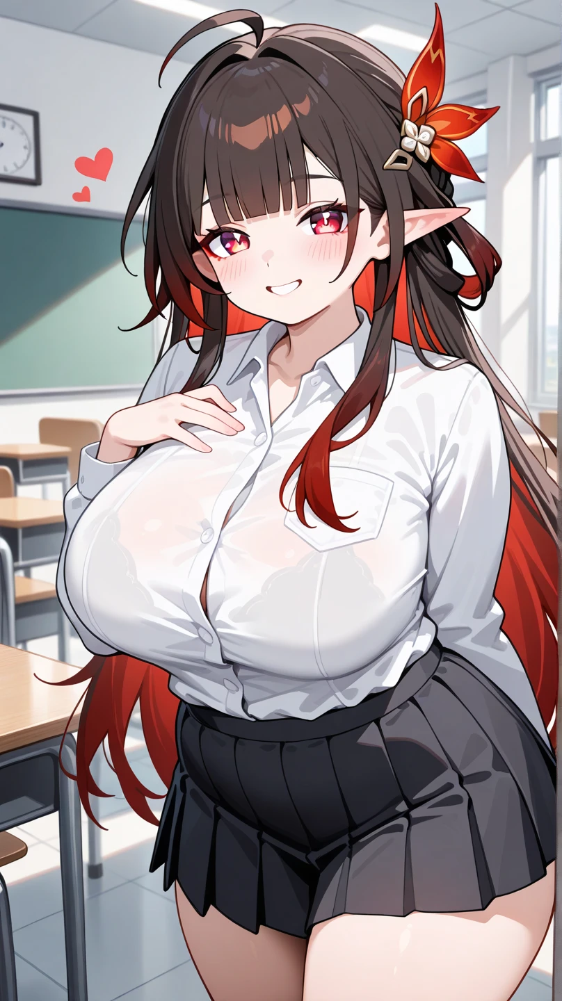 My name is Yunyun - Konosuba　break very cute　Black Hair　Short pigtails　Shoulder-front pigtails tied with red ribbons　でhappy smile　Big smile　Full face blush, large red eyes, and a crooked mouth.々 break 　pink tie for men　Round boobs　Short-sleeved shirt that shows your chest　Pink mini skirt　Sweat