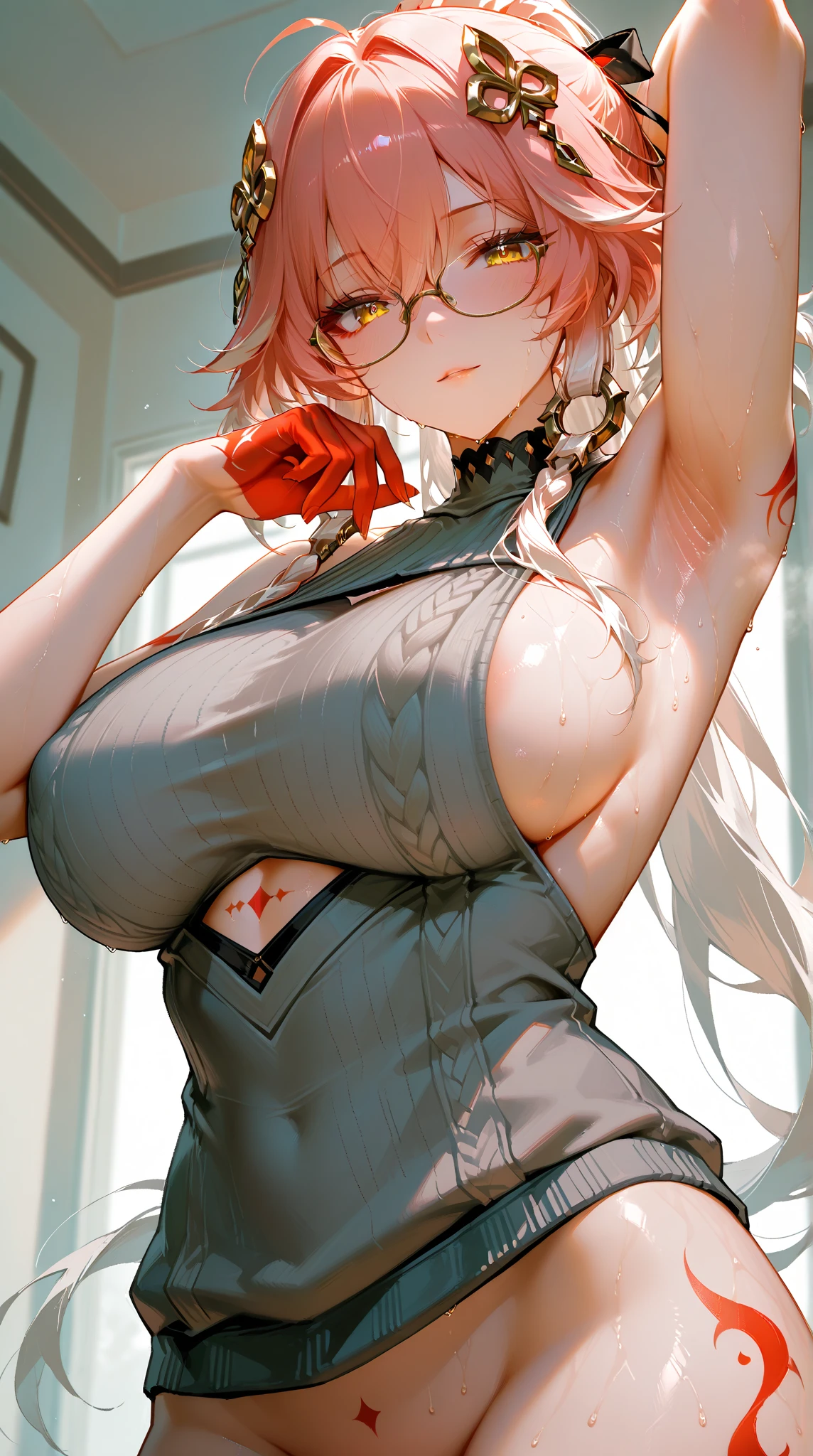 {masterpiece Very detailed aldult 超High resolution High resolution 最high quality Very detailedな detailed woman high quality 8k} Goddess Athena ((Thick jacket Wearing Black jacket Golden jacket Puffy Sleeves)) ((A dress made of white fabric Oversized)) Thighs ((Cross halter Fabric Halter)) (((Off-the-shoulder dress))) ((Cleavage)) Big Breasts Big eyes ((heterochromia,pink eye,sky blue eye)) Light blonde hair Red hair tips Red gradient hair Soft hair ((short hair)) One eye is hidden by his bangs ponytail Hair tied up high Center parted, swept up bangs style forehead ((Slicked back hair))