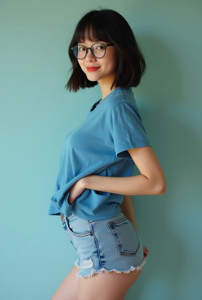 realistic, princess cutの髪型, princess cut, (narrow eyes:1.3), (black eye), (japanese woman), 1 girl, (small eyes:1.3), 17 year old girl, beautiful breasts:1.5,short hair, (highly detailed eyes:1.2), (beautiful breasts:1.1), bangs, (thick legs, huge hips, thick thighs), Fair skin, tight waist, big breasts, (laughter:1.3) (White Round Neck T-Shirt, blue jeans:1.2)