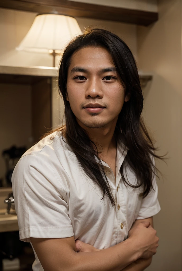 ((highest quality)), ((masterpiece)), (detailed), Male chef with perfect face,I have a knife,Muscular,Black Hair,Long Hair,Perm Hair,Upper Body,Serious expression,Hair tied up,Show a little more skin,Salty face,Remove chest hair
