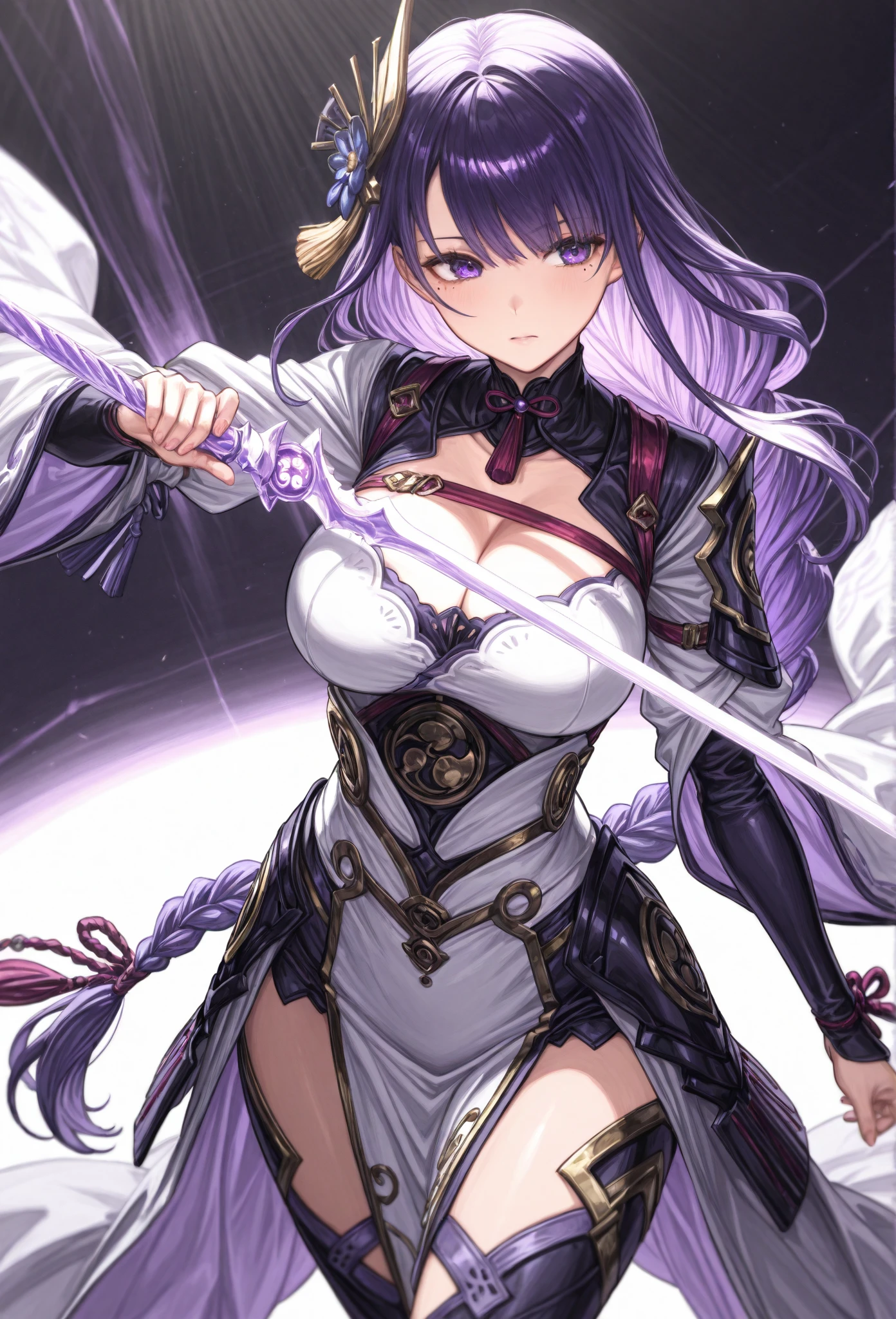 Vampire Queen Combat Dress (Radiant Royal Cloak: 1.2) Black and Purple Color, (extremely delicate beautiful eyes and depression but arrogant eyes), (multicolor, ponytail, iridescent hair, colorful hair, half purple and half pink hair: 1.3), (magical, mythic,fantasy), (Super Model Body Shape, idol, seducing body, attractive, gorgeous, charming, majesty, Sexy Devil aura), Original Character, Masterpiece, Tempting Purple Eyes, Purple Gemstone Accessories, Gold Belt, Gold Necklace, Wind Evil and body floating effect, Soft Moonlight, unique crown, (Corruption Tattoo on 1;1.25), (holding a Giant Scythe 1:1.3), 16k wallpaper style,bare shoulders, cute, petite, solo, stars, stardust, shiny body detailed, killing scenario, legend, horny blush, pink lips, cinematic lighting, full body close-up, scale up, twilight, dark magic, dark element, villain, battle mage, blindfold, solo leveling art style, perfect shade, shadow warrior, glowing armor