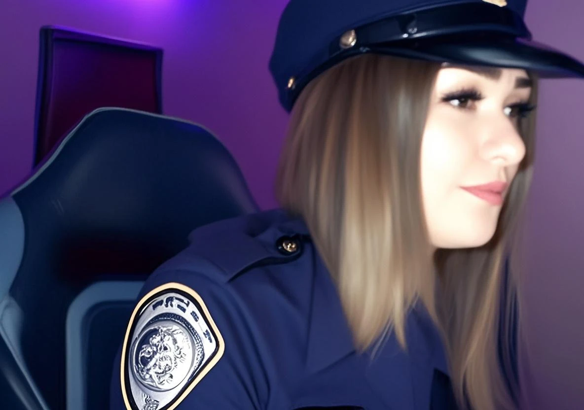 Beautiful girl, detailed blue eyes, long white niveous hair, detailed facial traits, police cap, police uniform, blowjob,male legs, male penis
