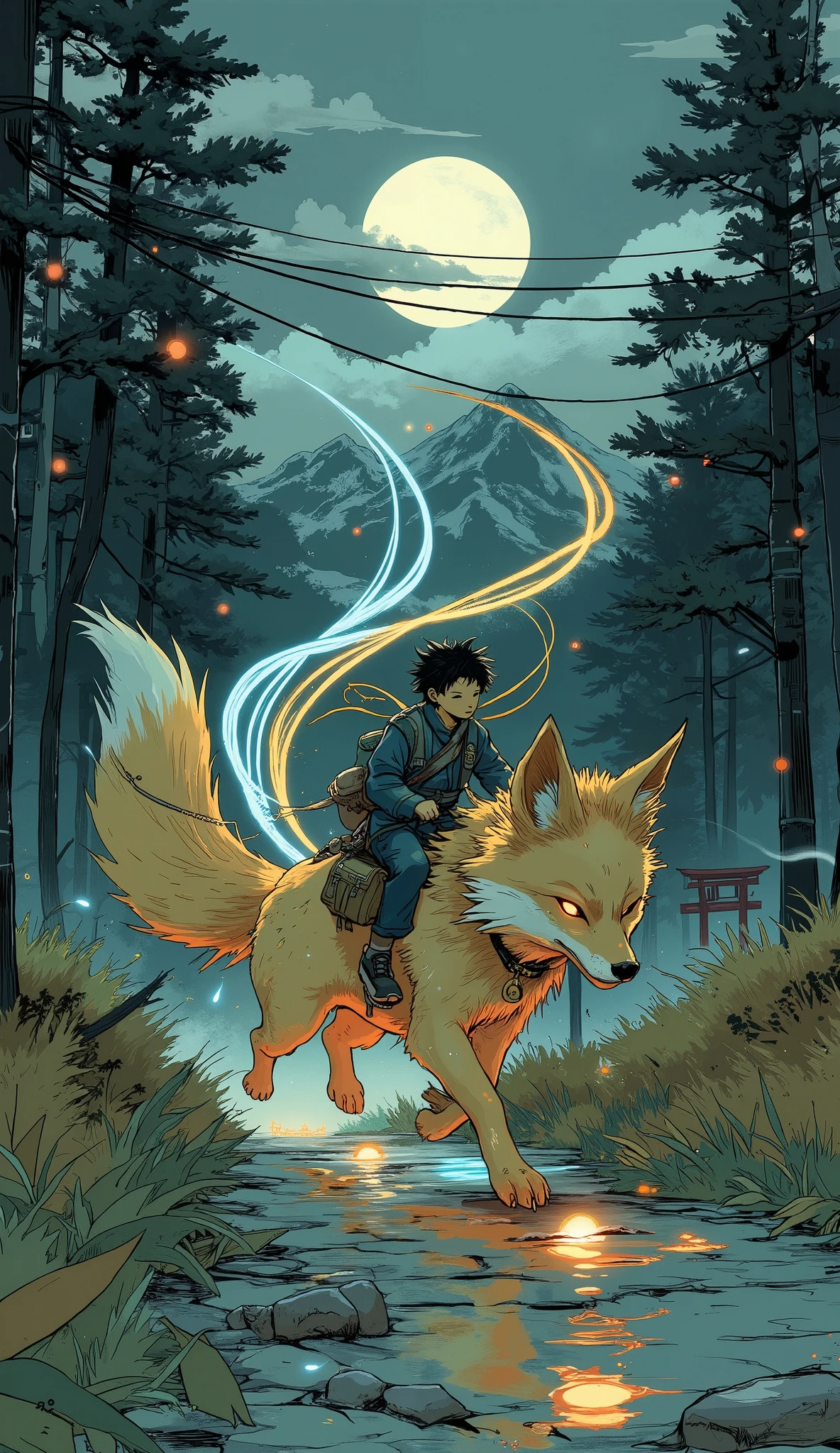 masterpiece, best quality, ultra-detailed, (dynamic motion blur), photorealistic, fantasy night scene
a legendary Japanese kitsune fox with exactly nine long, flowing, glowing tails, each clearly visible and trailing behind in motion
the kitsune runs at high speed through a moonlit forest path surrounded by tall, dark conifer trees, kicking up leaves and mist
a young boy dressed as a traditional postman rides on the kitsune’s back, holding tightly to the fur, wind in his hair and satchel
the scene captures a moment of intense motion — the viewer sees the fox and rider passing by in a blur of magic and speed
the tails radiate glowing light in gold, silver, and pale blue, streaking across the night like comets
soft moonlight and shadows, dynamic lighting, strong feeling of vertigo and fleeting wonder
background includes distant Japanese mountains and a hint of torii gates among the trees
mystical, ethereal, and fast-paced, rooted in traditional Japanese kitsune folklore