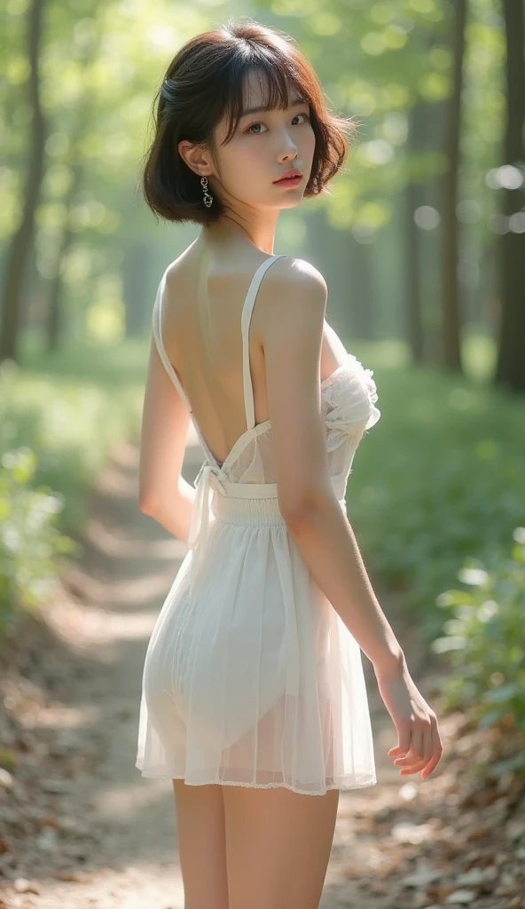 (masterpiece), middle School girls, sexy, rear end, floral lace underwear, Natural light, realistic, camel toe, diffused light, Depth of the bounds written, white skirt, vapor, (lift skirt), (urination), lifelike、small breasts
