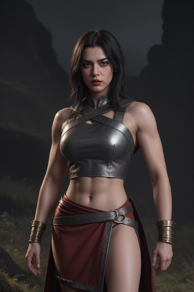 Nepali Super heroine, Durbar Square location,thor-like appearance, ancient dress, powerful stance, majestic presence,dark and realistic art style, detailed facial features, expressive eyes, chiseled jawline, muscular and toned body, long flowing hair, thunderstorm background, epic lighting, khukuri weapon on his back, epic battle pose, dynamic action, intense atmosphere, dark color, photorealistic rendering, high resolution, intricate details.