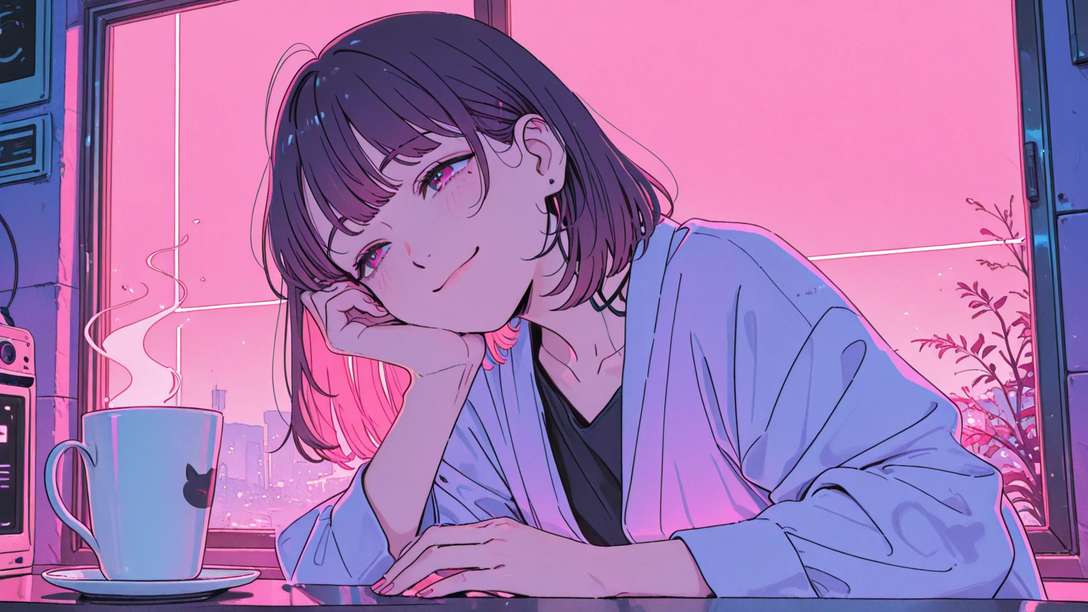 1 Girl, big 1.3 ,Colorful clothes, Navy Hair, Short Bob, Good top, Exposed Skin, Expressionless, Sit with your knees up, Pink Eyes, ((Navy Hair, Heart Eyes)), Internet cafe,16 years old, Colorful Hair, Messy Hair, tonalism, Romanticism, modern art, Impressionism, reflected light, 8K, masterpiece, Advanced Details, Highest quality, Accurate