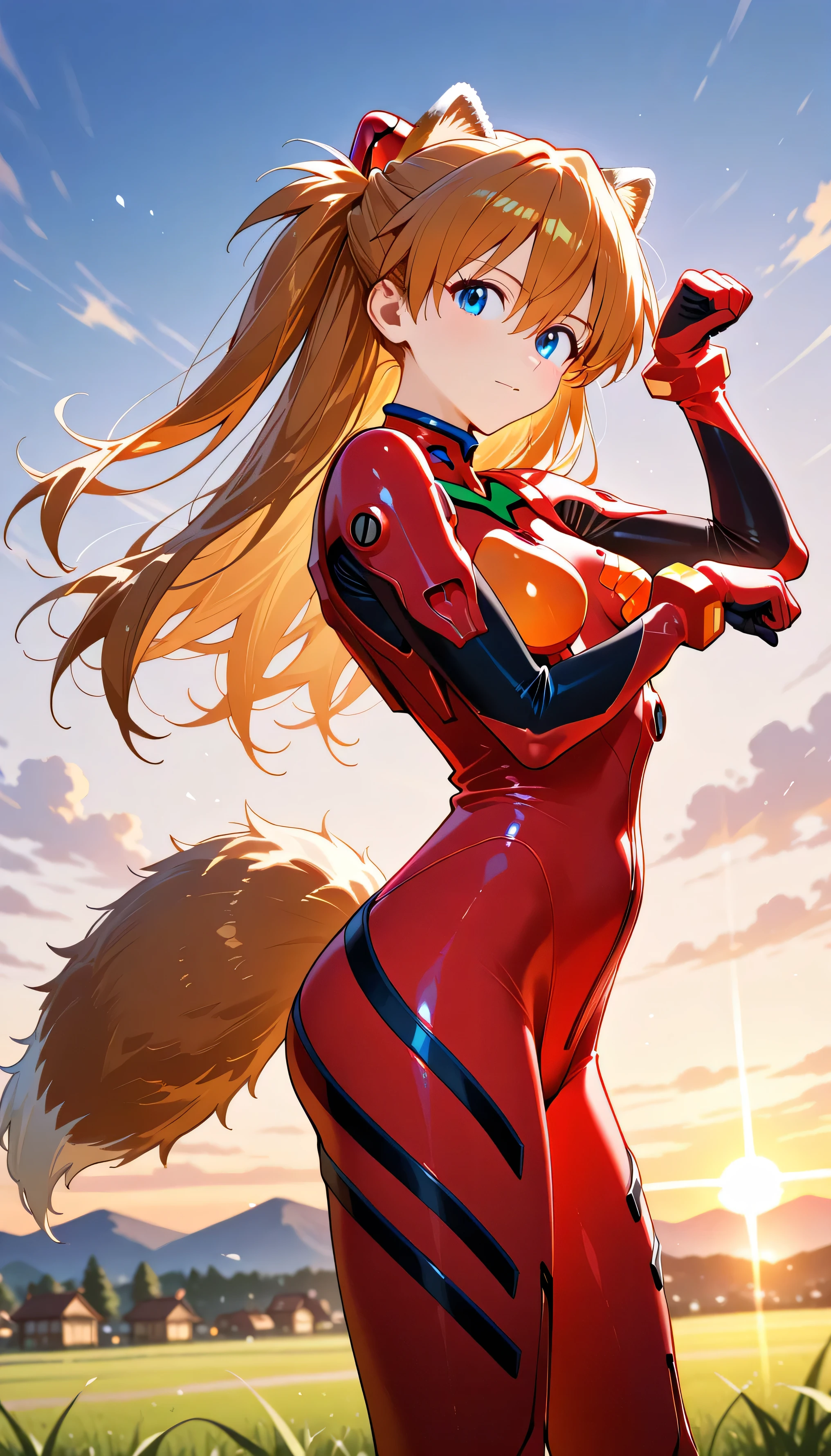 Asuka Langley Soryu,(beautiful girl: 1.3),1girl,masterpiece, Highest quality, Ultra-high resolution,rich contrast,super high quality,8k,Highly detailed CG unit wallpaper,texture,Incredibly absurd,Ultra-high resolution,RAW Photos,Depth of Field 1.2,A village mountain with swaying silver grass at sunset,kitsune dance,animal ears,