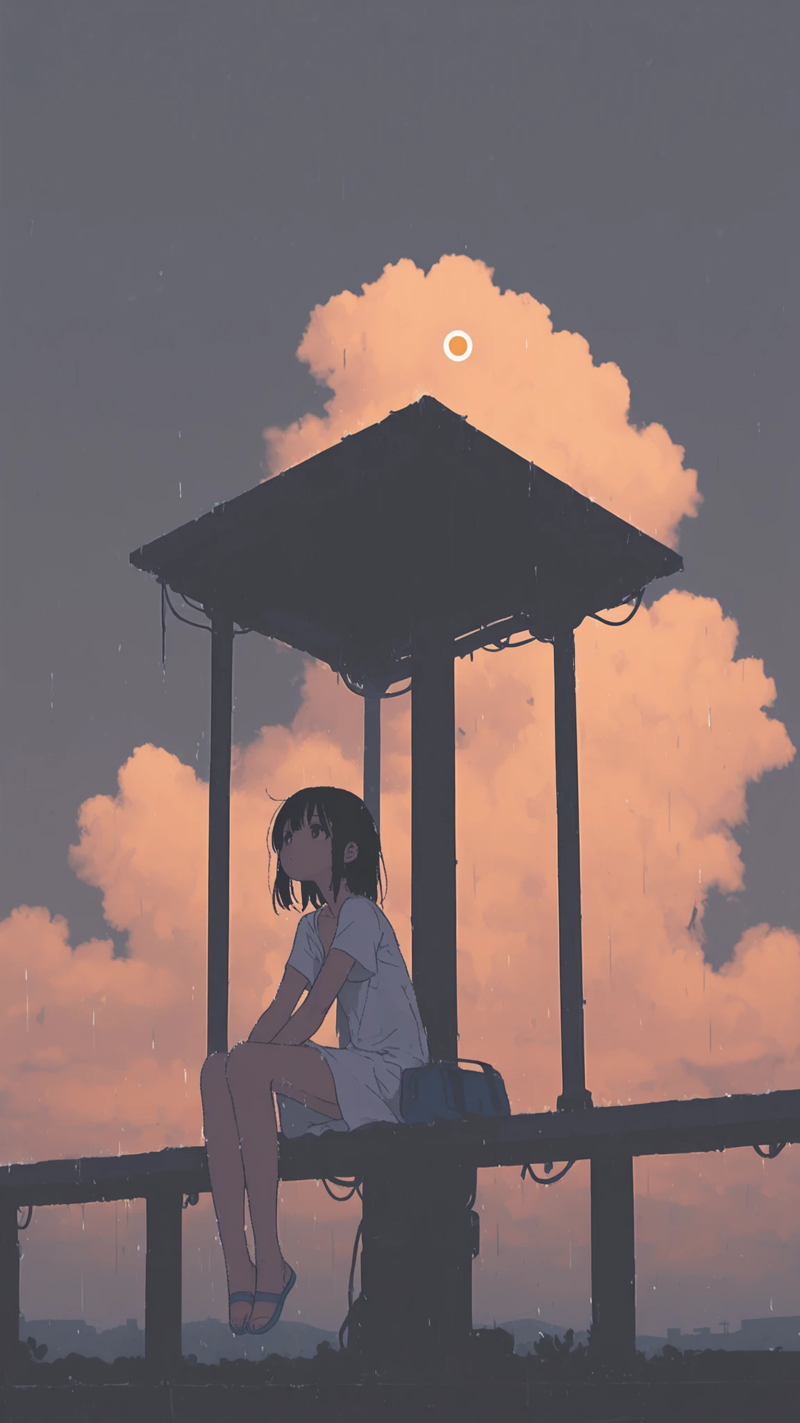 UHD, Super Detailed, High Quality, Best Quality, Masterpiece, High Resolution, Anatomically Correct, 1loli, petite, skinny. A junior high school girl drenched in rain and was seeking a shelter on abandoned rail stasion, she wear sun dress with short sleeves and mini pants, the atmosphere is grim with background how the woods and sun light barely peeking out of the clouds above, she sitting and lean back on one of the pillars, she tuck her knees to her chest and seemingly daydreaming