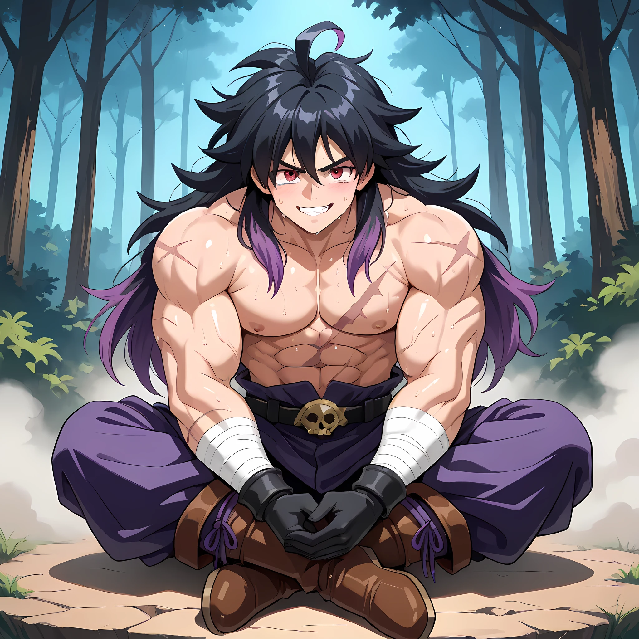 ((anime battle angle, walking, smile with teeth sample, body upright)), ((directing his hands to punch the opponent, looking at the devastating dark magic attack unleashed from his punch, attack pressure, epic anime scene, 1man, solo, in battle pose, punch movement tearing through the wind, air pressure attack, attack trail through the dark forest, epic battle scene):1.10), (Chrono Trigger anime style:1.15, anime style warm colors, ultra quality, full HD, 4K quality, perfectly detailed eyes, rich scenery details, ultra facial details, ultra image sharpness, epic atmosphere, balanced light, character focus, attractive man), ((Chrono Trigger anime style gloomy forest, bats flying around, mountains visible in the distance, dense fog, distant kingdom seen on the horizon)), {Chrono from Chrono Trigger}:((Adventurer's outfit, muscular body uncovered, black skull printed on Aladdin-style pants, sarcastic behavior, cruel smile, man looking dangerous, red eyes, half-closed gaze, brown Indian style pants, black belt, black bracelets, skull-shaped ahoge hair, sweaty skin, black cloth boots with purple laces, very long, messy hair at the ends, two-tone black hair, lilac highlights at the ends of the hair, ultra-detailed pupils, wearing black gloves, bandages around muscular arms, scars all over the body)), ((muscular chest, strong body, man with a defined body, mature, adult man's look)).