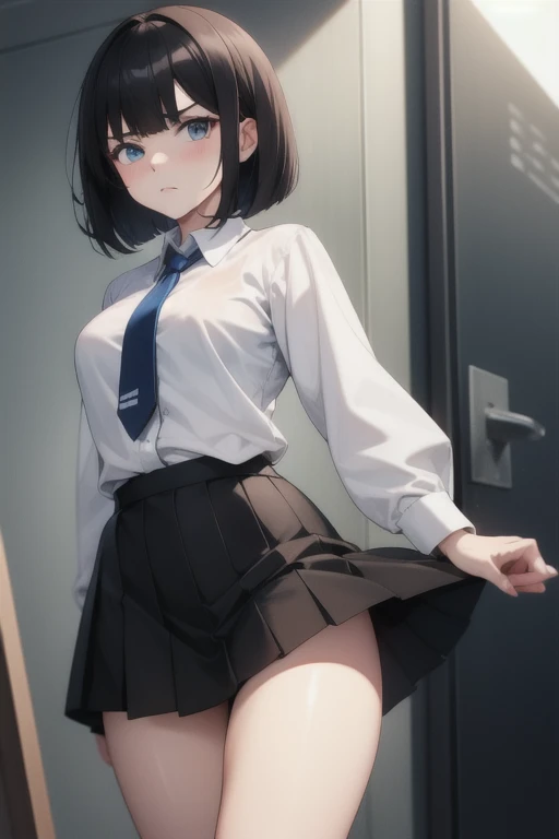 1 girl,black hair,light eyes,leg on desk,up,cowboy shot,masterpiece,best quality,very aesthetic,absurdres