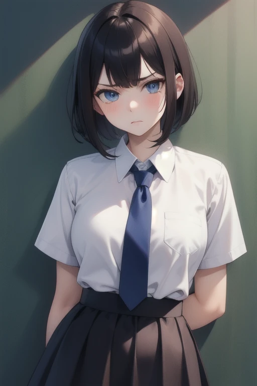 absurdres, RAW photo, extremely delicate and beautiful, masterpiece, Best Quality, ultra high resolution, 32k, hyperrealistic, ultra-detailed, in her 20s, delicate facial features, tearful mole, earring, medium breasts, full body shot, shorter middle hair, black hair, ((summer school_uniform)),