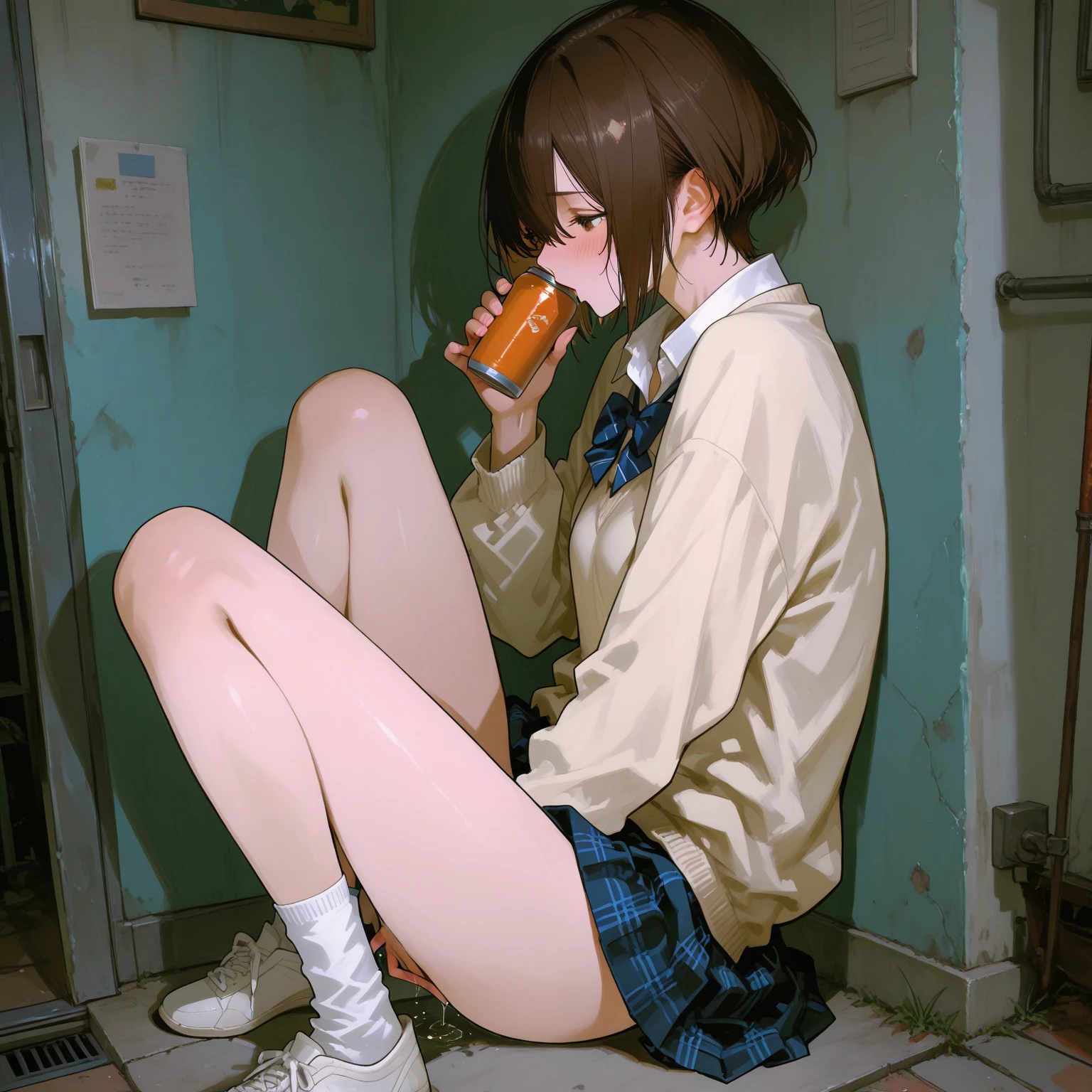 A drawing of an anime girl sitting on a bar stool in a miniskirt., 1 girl, alone, , white panties, Blush, Looking back,