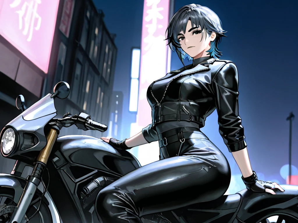 1 mature and seductive woman,(Detailed Description,Unbelievably absurd,High resolution,8k wallpaper,masterpiece,Highest quality,Regional Depth,Anatomically accurate depiction,A face with attention to detail, Eye on the details,Perfect body,Two beautiful hands, Five perfect fingers),(Glowing Skin,Glossのある肌,Oilskin),((Sexy female rider)),(Rider Suit,latex,Gloss),eyelash,(Visor goggles,Purple eyes,There is cleavage in the chest,Glossのある口紅,Captivating smile,Sweat),(whole body),(((Riding on motorcycle,))),speed