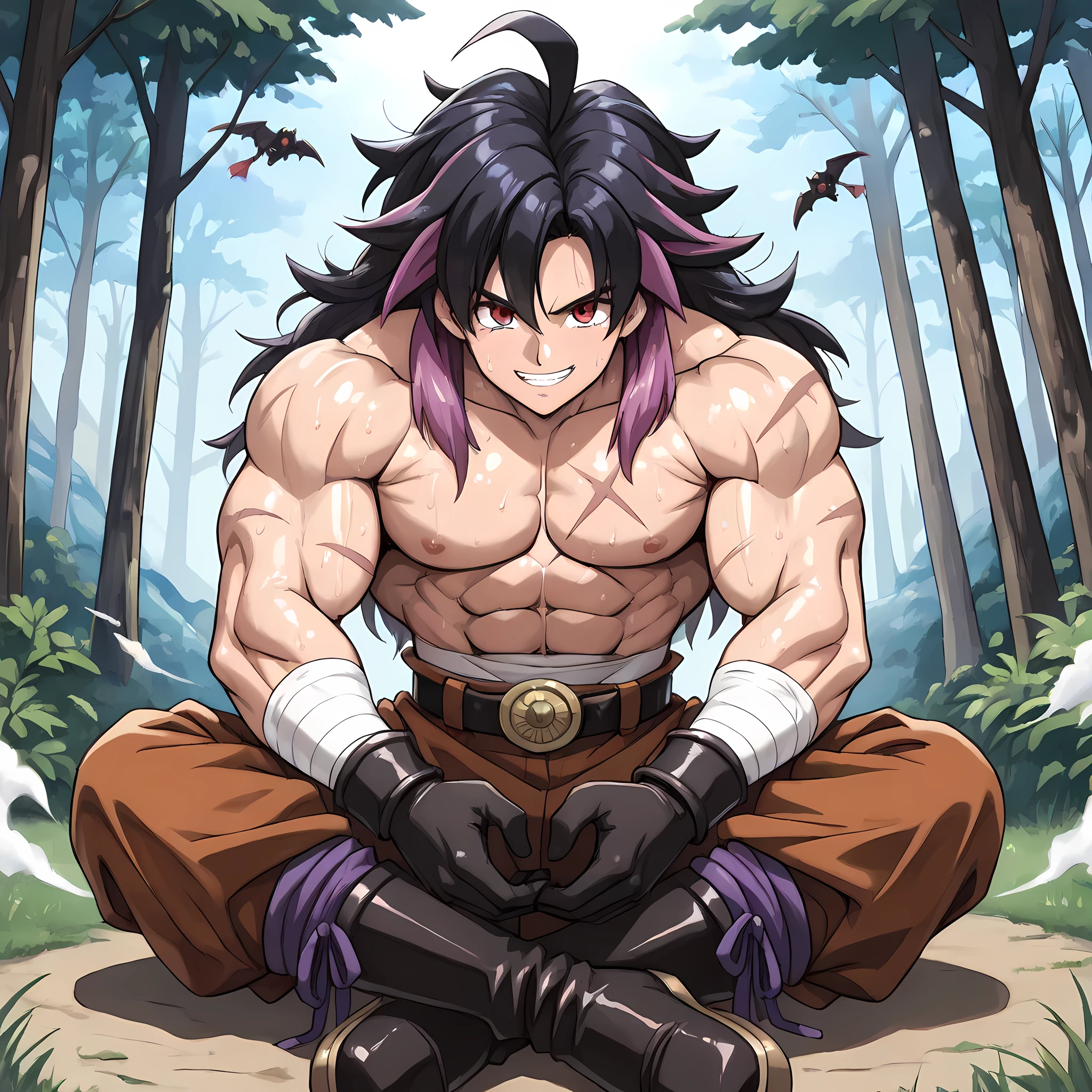 ((anime battle angle, smile with teeth sample, body upright)), ((directing his hands to punch the opponent, looking at the devastating dark magic attack unleashed from his punch, attack pressure, epic anime scene, 1man, punch movement tearing through the wind, air pressure attack, attack trail through the dark forest, epic battle scene):1.10), (Chrono Trigger anime style:1.15, anime style warm colors, ultra quality, full HD, 4K quality, perfectly detailed eyes, rich scenery details, ultra facial details, ultra image sharpness, epic atmosphere, balanced light, character focus, attractive man), ((Chrono Trigger anime style gloomy forest, bats flying around, mountains visible in the distance, dense fog, distant kingdom seen on the horizon)), {Chrono from Chrono Trigger}:((Adventurer's outfit, muscular body uncovered, black skull printed on Aladdin-style pants, sarcastic behavior, cruel smile, man looking dangerous, red eyes, half-closed gaze, brown Indian style pants, black belt, black bracelets, skull-shaped ahoge hair, sweaty skin, black cloth boots with purple laces, very long, messy hair at the ends, two-tone black hair, lilac highlights at the ends of the hair, ultra-detailed pupils, wearing black gloves, bandages around muscular arms, scars all over the body)), ((muscular chest, strong body, man with a defined body, mature, adult man's look)).