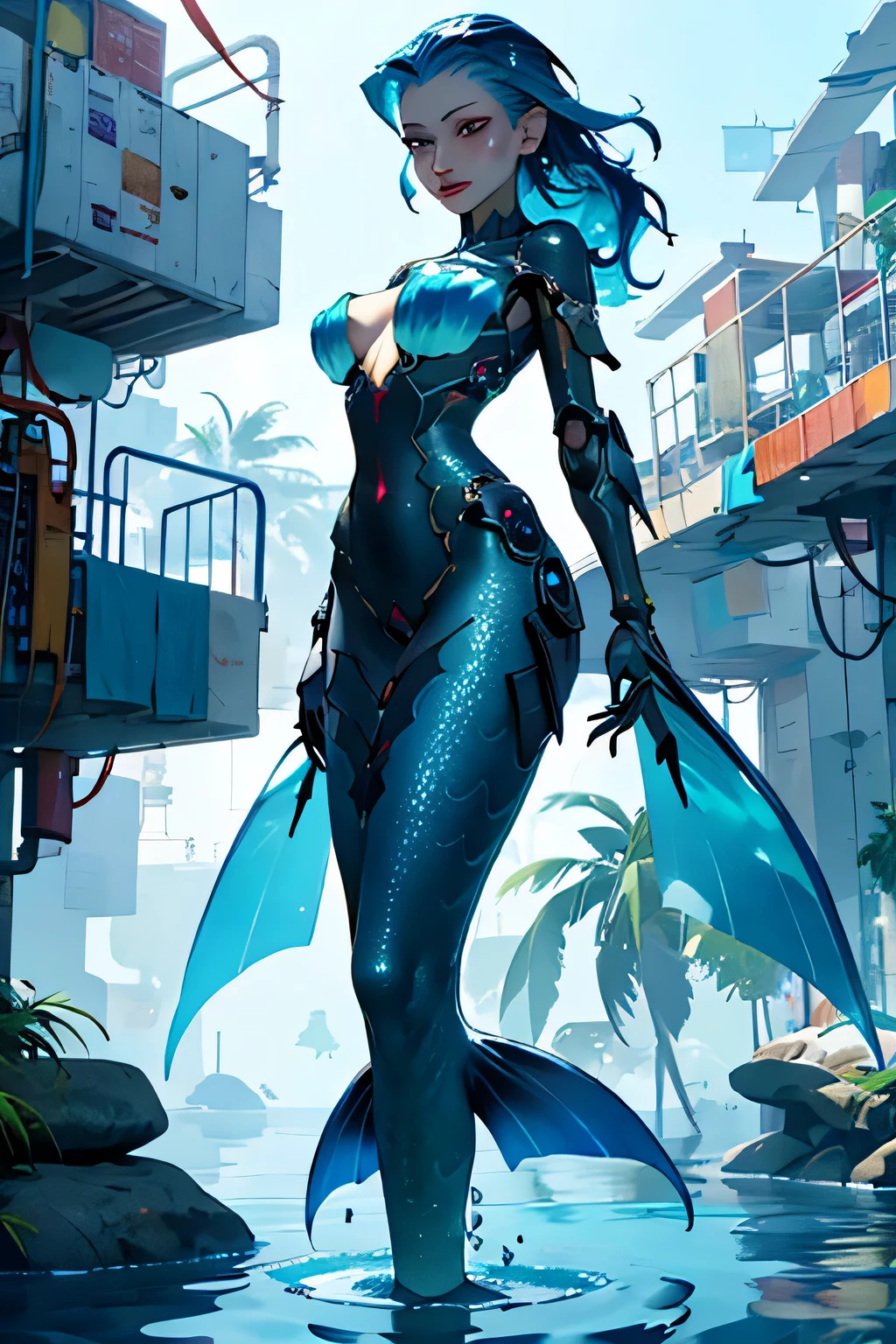 Two full-body figures of a dolphin-faced mermaid holding a gun in both hands and firing in a space suit　Burning cityscape in the background
