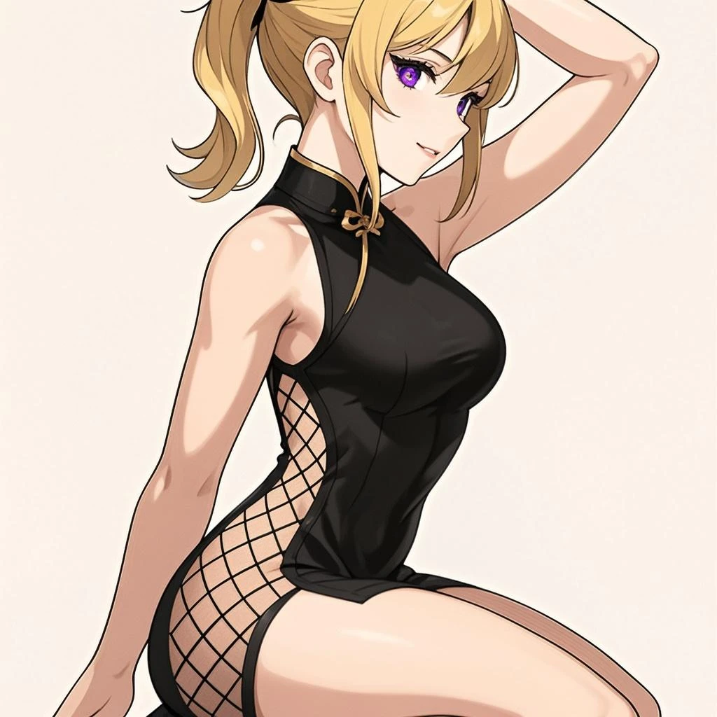 masterpiece, best quality, very aesthetic, absurdres, looking ar viewer, mansion, Night, outdoors, 1girl, aged down, thin build, upper body, solo, (Annie), long hair, medium breasts, cleavage, nnavel cutout, curly twintails, blonde, purple ribbon, orange eyes, black dress, black bridal gauntlets, black gloves, (striped thighhighs), navel, mansion, pale skin, open mouth, (solo focus)