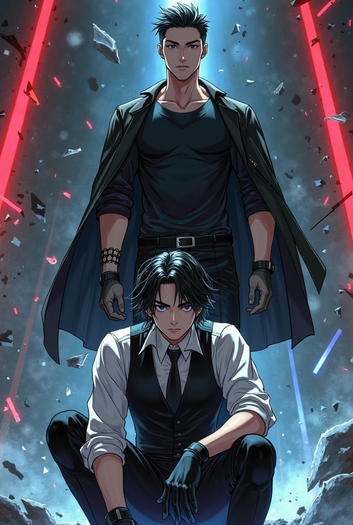 High quality masterpiece, super detailed, super emotion detailed, castle with grass, cold colours dramatic lighting, movie scene, anime style, perfect face, clean eyes, Middle Ages, clean emotions, full body! A cold mean man with black short curly hair, in expensive black Loose robe, with gray shining eyes, he is dark lord, he is cool. He is looking with warm smile to his adult daughter who also has black hair. super quality, 4K, clean eyes, super quality ever! detailed emotions! dark fantasy!, middle ages! They look happy, clear eyes, he is with his adult daughter!!!!!
