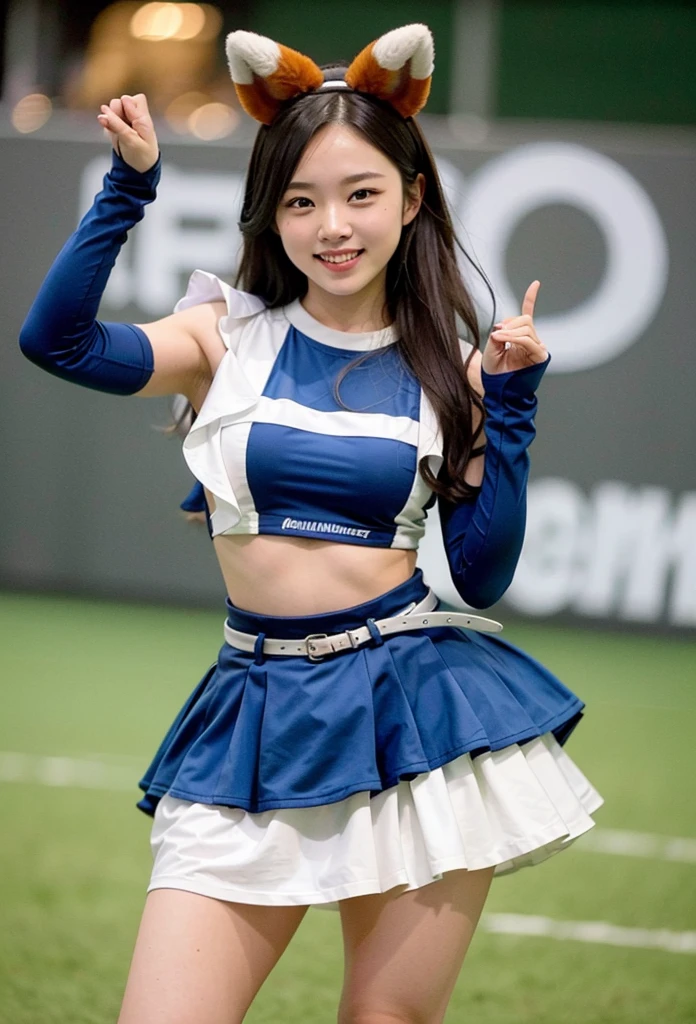 Cheerleader,Blue Costume,white_panties,Fox Ears,Dancing on stage,shoot from below,