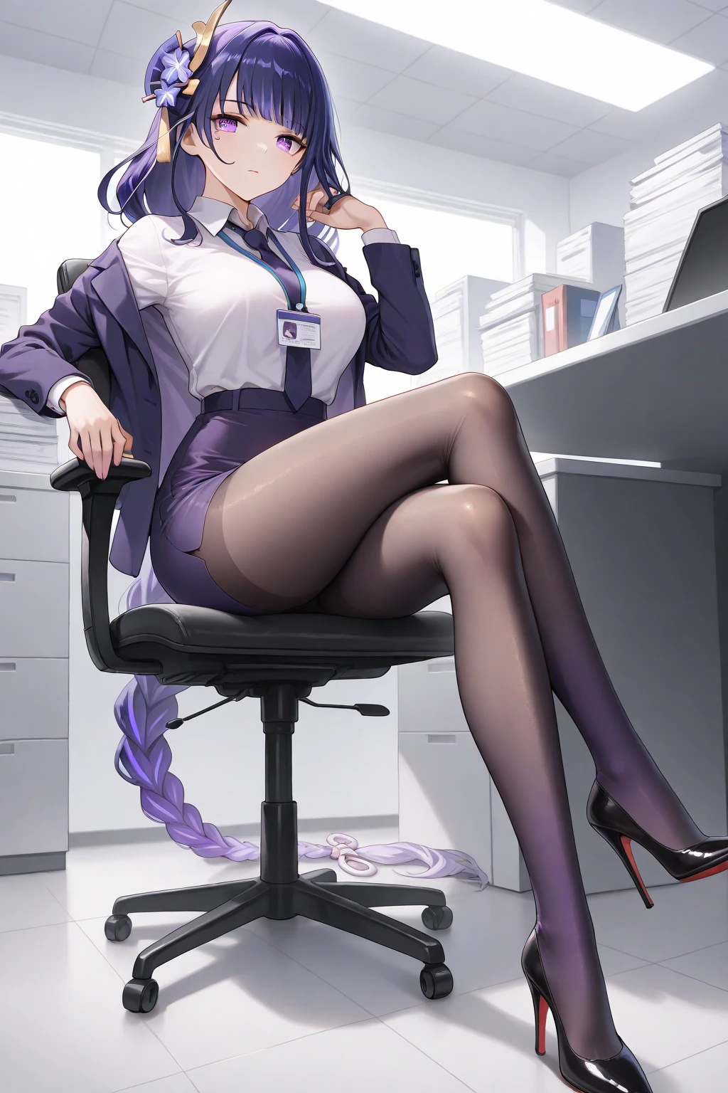 Masterpiece, Ultra-detailed 3d Render of Realistic TwilightHuman, 1girl,  Solo, 8k Resolution, Science Fiction, Cyberpunk,
long blue hair, hair pulled back, Pony-tail hair style,  purple eyes, {glasses}, blunt bangs, {Lavender skin}, Smiling, Facing viewer, Looking at Viewer,
{Lab Coat}, Shirt, Knee-length Skirt, Stockings, Shoes,
Leaning over a computer,
Cyberpunk Laboratory, Computers, Technology, Monitors, Machines,
Dynamic Lighting, Cinematic Lighting,
<lora:TwilightHuman:1>