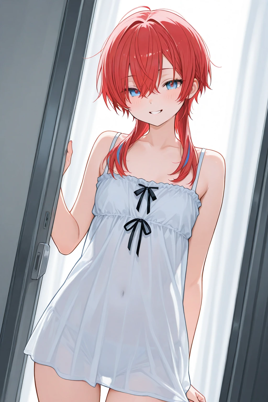 best quality, masterpiece, from above, 1girl, anime, red hair, (blush), (white camisole dress:1.1), flat chest, (hands on hips:1.1), thighs indoors, bedroom,