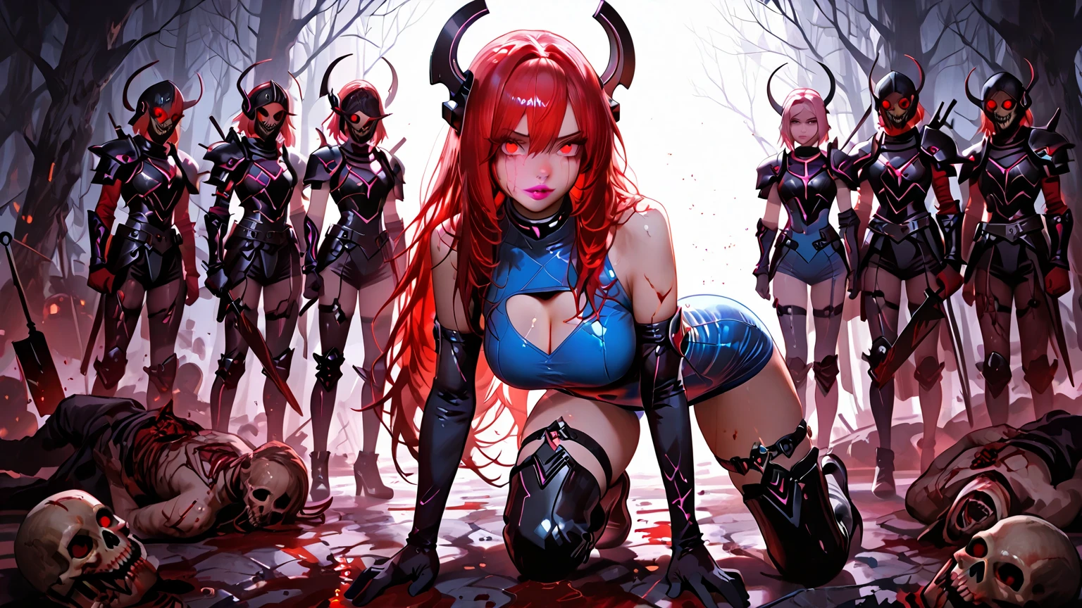 Axisymmetric communication, front view,masterpiece, best quality, solo,1girl,horns,pink hair,long hair,twin braids,purple eyes, necklace, cleavage, bare shoulders, gloves,navel cutout, skirt,thighhighs, realistic,3d,texture,standing,Background is a hell cave scene with tentacles, bones, blood and spider webs,,(rich background, film shooting, depth of field, Super visual, The art of HR Giger and Beksinski comes together in this detail, Grim, skeletons:1.5,Flowing saliva:1.5,Bare brains on the wall,beauitful , mucus:1.5,Pepperoni:2,A large number of homogeneous species:1.5,SPR:1.5,Psychedelic background,Dark horror scene. Sharp images, Use edge lights to render at 8K resolution, It shows a terrifying environment full of Lovecraft's tentacles,They twist and pulsate in neon lights. HDR lighting creates complex and detailed shadows on a distorted background, Mutant humanoid. Distorts the environmental structure due to glitch and distortion effects, Surreal and dreamlike elements,Such as a floating inverted structures and decaying flesh,Create a feeling of disturbing and disorientation. Religious and mystical symbols are scattered against an intricate backdrop,Add a touch of supernatural horror to this already insanely terrifying masterpiece,)