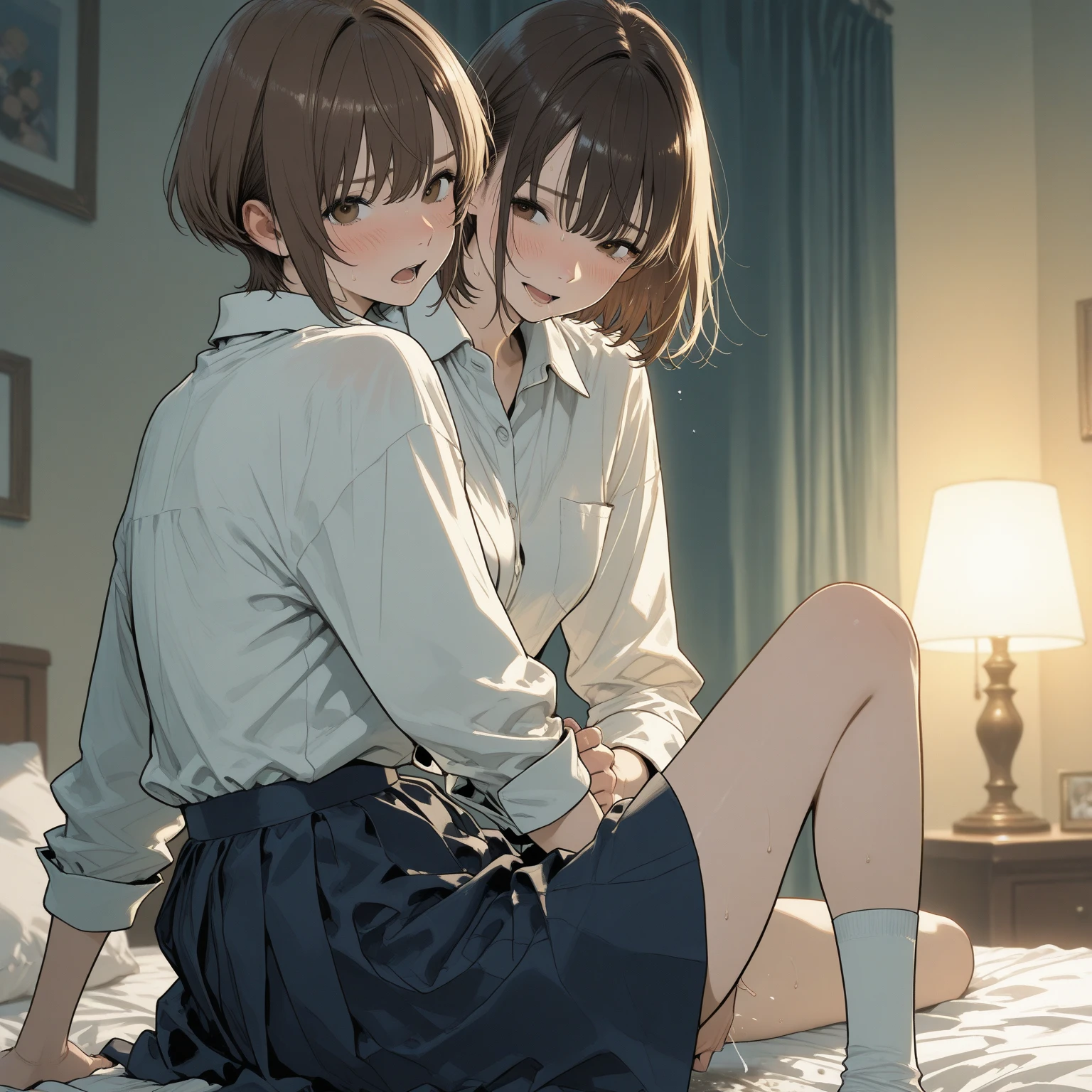 How to sit a girl,Depth of written boundary, delicate eyes, full hand, 余分な手feetなし,arm2Book,feet2Book,distinct nose bridge,fine skin、Smooth、perfect beauty、((small breasts))、thin,((Natural style)),brown hair、Book当に美しい、beautiful profile,perfect style,Ahegao,((boyish clothes)),shortcut,Western-style room,on the bed,lighting dark,1put your wrist on top of someone2Book,1人にfeet首2Book,flushed face,Don'Do not fold your hands,feetは組まない,((girls together)),((All nude)),((kiss the nipple)),((glazed eyes))