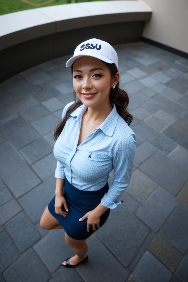 (Thai woman),(police woman),((highponytail:1.3)),(forehead),((huge breasts:1.6)),(Tight-fitting formal blazer:1.4),(slim waist:1.3),(smile:1.5),(security drone:1.3),(City of the near future in the background:1.5),(cowboy shot:1.5),