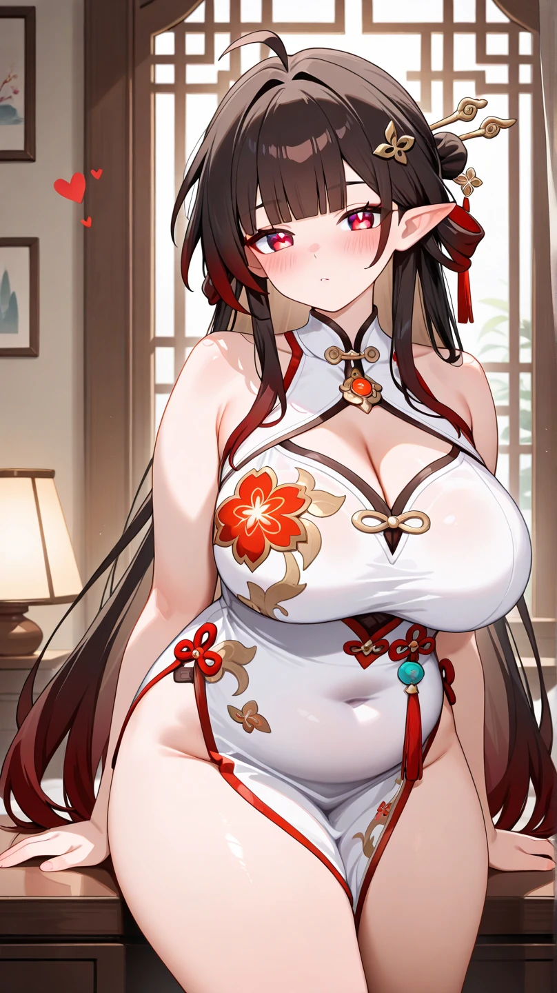 masterpiece, best quality, ultra high res, beautiful detailed hair detailed face, perfect feminine face, (((taihou))), azur lane, twintails hair, ahoge, black hair, hair ornament, (red evening gown), (gigantic breasts:1.4), sagging breasts, huge cleavage, art by sakimichan, george kamitani, akira yasuda