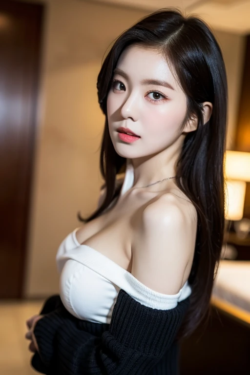 , (Mature body), Solitary,Long gray hair,black hair color, Off-shoulder, black eyes,1 Sister,A sexy pose,best quality,masterpiece,light,Extremely exquisite and beautiful,CG,Unite,8k wallpaper,Astonishing,detailed,masterpiece,Official Art,The content is very detailed Cg Unite 8k wallpaper,Extremely ridiculous,Huge file size,ultra - detailed,high resolution,The content is very detailed,Beautiful and delicate girl,Practical,full,Hotel Room,Light Contrast, Lopez, fully body photo, full, White under underwear