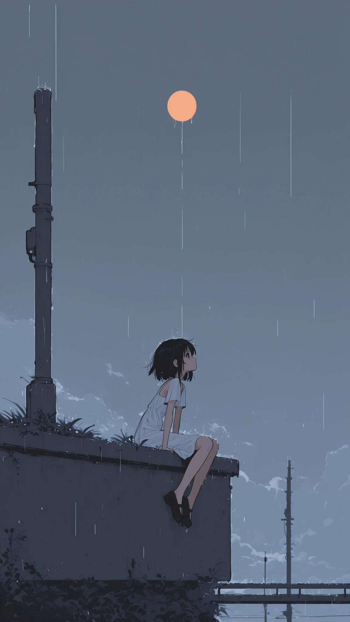 UHD, Super Detailed, High Quality, Best Quality, Masterpiece, High Resolution, Anatomically Correct, 1loli, petite, skinny. A junior high school girl drenched in rain and was seeking a shelter on abandoned rail stasion, she wear sun dress with short sleeves and mini pants, the atmosphere is grim with background how the woods and sun light barely peeking out of the clouds above, she sitting and lean back on one of the pillars, she tuck her knees to her chest and seemingly daydreaming