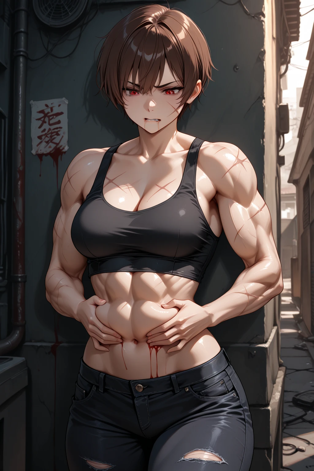 pale skin black hair yellow eyes, solo, (((small breasts))), navel, abs, looking at viewer, midriff, ((torn clothes)), bruised, bruises, ((bleeding)), ((bruise)), ((tears)), crying, (tan), from behind, (((((muscular))))), (((((thick thighs))))), (((black dress)))