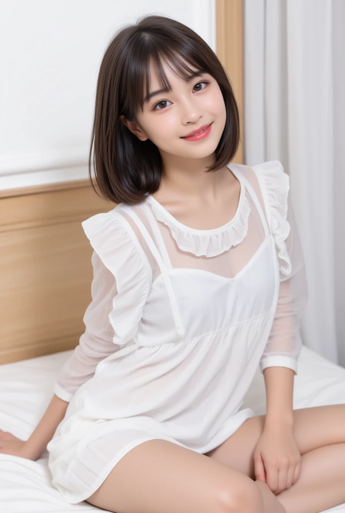 (Highest quality:1.9)、(High resolution)、Live-action image quality、((19 year old female university student、1 person))、Soft lighting by a professional photographer、Natural light、((Very spacious white luxurious room:1.6))、((Bright white room:1.6))、(Standing in front of a very luxurious white bed:1.2)、(White bookshelf background:1.1)、Natural soft light、((Black Hair Color:1.1))、Fair skin、Detailed Eyes、double eyelid、Slightly puffy cheeks、((Small Face:1.0))、((White lace short sleeve shirt、Please wear it with the chest open.:1.7))、((White checked skirt))、(Cute Smile)、((Girly pose 1.8))、((Straight medium-long hair:1.1))、((Full Body Shot:1.2))、((Height: 145cm))、Hands in front、Hold hands between legs、bangs、