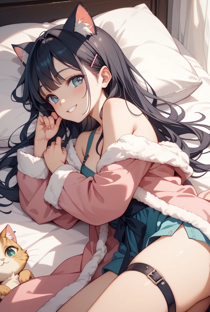 quality、Image Quality、Masterpiece、teenage girl((Loose black pajamas、18 years old、 Ajer、best bust、big bast,black eyes, black hair、A slender one,Great Valley、Neat and tidy、床beddingの上、Gape、raise arms)),高quality、beautiful art、background with((The room nice and clean.、bedding、Lovely、animal stuffed toys、Pink walls、DVR、Aroma diffuser))Masterpiece、depth of field,cinematic style