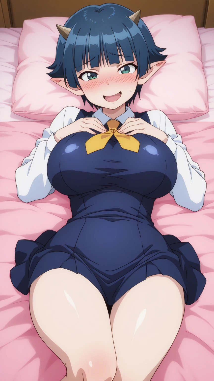 masterpiece, best quality, yozakura (senran kagura), 1girl, breasts, solo, short hair, flower, hair ornament, blue eyes, huge breasts, blue hair, hair flower, bra, bow, navel, bow panties, bedroom, secretary uniform, indoors, sexy pose, light smile