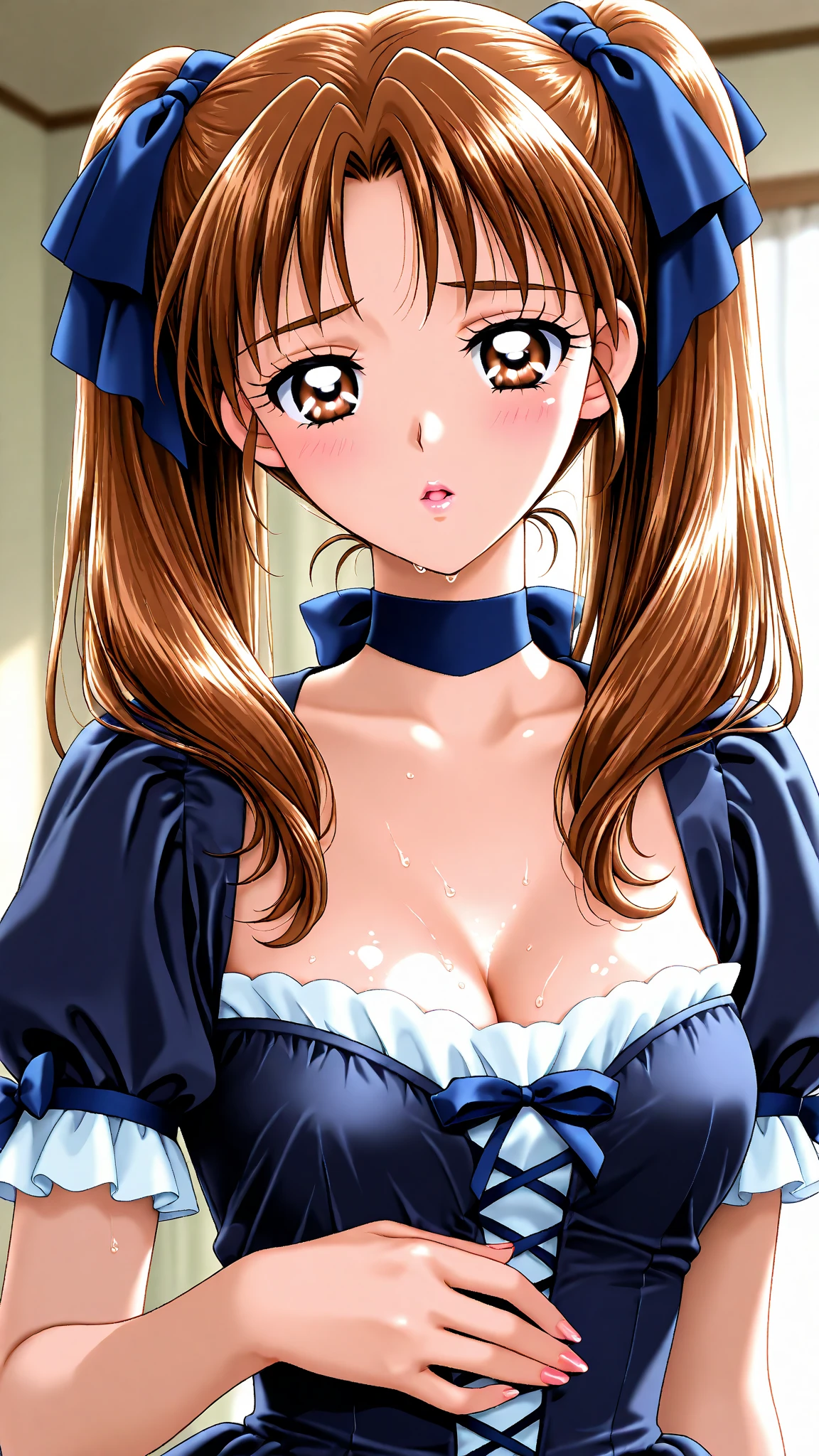 A super cute girl in a long sleeved gorgeous embroidered super shiny satin dress spreads her genitals and blushes