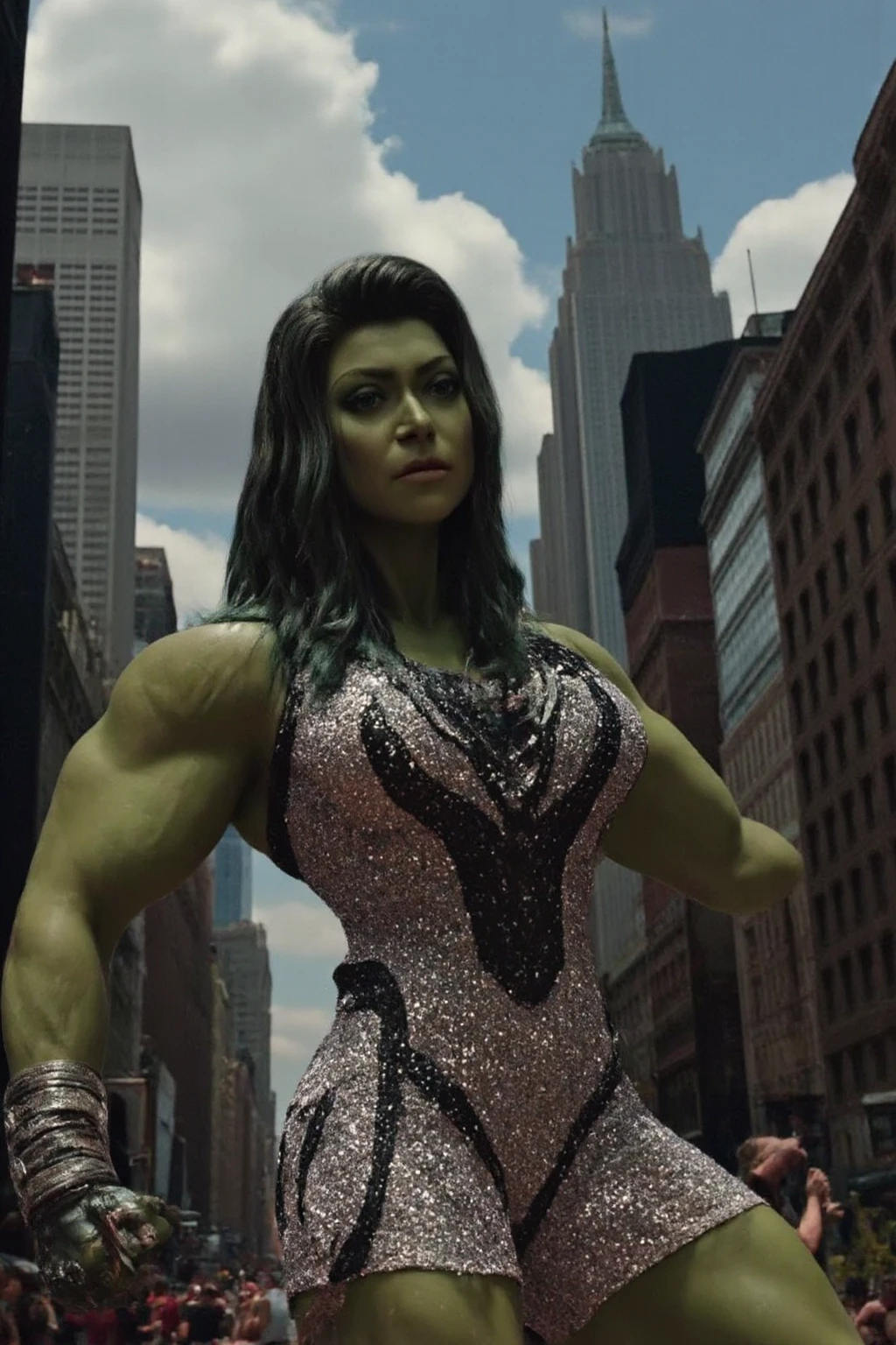 Uma mulher elegante posing in front of a Lego Hulk statue, LEGO, Hulk, ela hulk, Personagem LEGO, Ela - Hulk, Desmedido, in a menacing pose, Hulkish, em barcelona, divertindo-se.