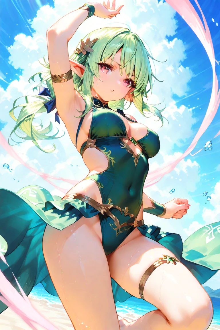 Girl with short green hair, Small breasts, Green Eyes, White Casual Wear Beauty Special、((((tits)))),Full body photo from head to toe、Belly dance、Dancer、National costume、See-through、Angle Shot、Decoration、Luxury accessories、Face veil around the mouth、Dancing by rotating on one foot、、