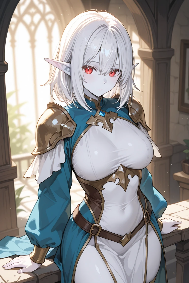 Overlooking the sea, 1 Whole body of a girl, elvish, has silver hair, Red Eyes, bob cuts, Braids, Sorcerer, robe, frilld, tights, cloak, Greek-style city, concept-art, beautiful anime scene, Beautiful anime scenery, beste-Qualit, шедевр