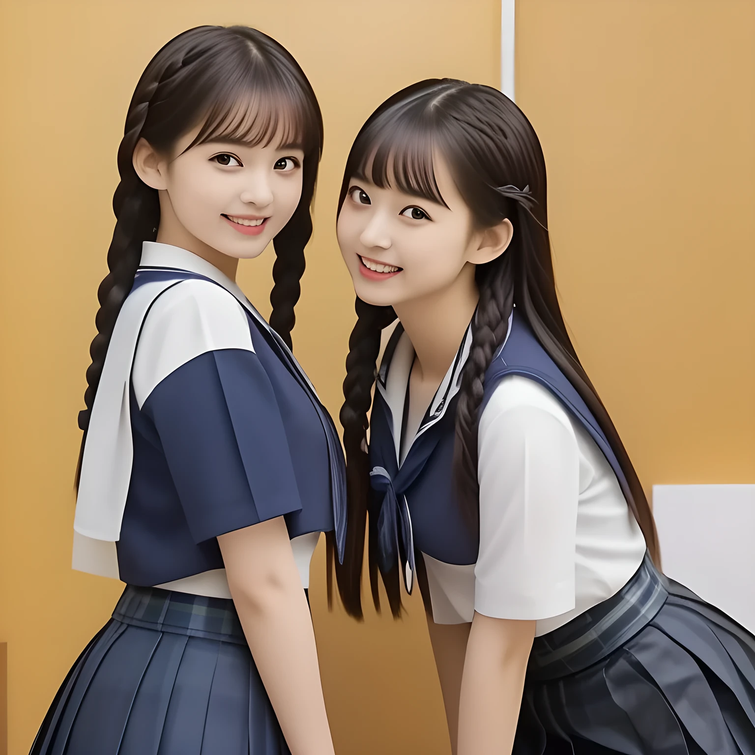 (highest quality, masterpiece, clearly detailed:1.5), highest quality, High resolution, 1080p, 8K, (Too beautiful, neatest ((beautifully grown and Evolved with grace)), Girl's love-story comic heroine, ((Too much beloved)) noble grown beautiful beautiful tutor with detailed, 165cm height, ((svelte silhouette)), Cloistered beauty, Pristine atmosphere, controlling my mind and heart by her charm and pristine uniform and skirt, understands my deep hidden desire very well with her profound intelligence, giving too much pleasure to my sensitive one covered with beautiful hands and fingers, with detailed: 1.4), (laughing white face with unreal angelic beauty, overflowing with translucence, with detailed: 1.0), (Pristine blue uniform, (Neatest (navy colored) sailor-style uniform and ((navy middle length plaid skirt)), navy sailor collar, shiny-blue sailor scarf, with detailed: 1.8)), (Too beautiful dreamy eyes and neatness charm me), long eyelashes, (Giggling cohort background with many white lovely marks, clearly detailed foreground, zinomy, with most beautifully detailed: 1.9), ((purity and neatness of pristine uniform is very impressing): 1.8), (focus on her twin-braids hair and neat style, from side, rotated: 1.9), (Beautiful blue eyes), (shiny brown twin-braids styled hair, bangs trimmed carefully: 1.7), (((Too beautiful home tutors group are teaching my most sensitive one how to indulge in carnal bliss every day)): 1.8)