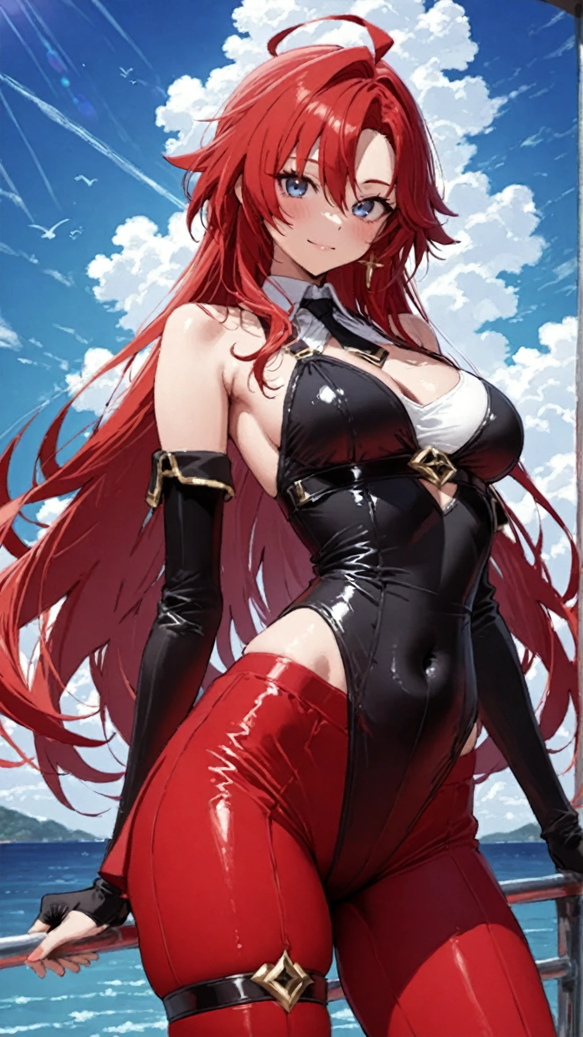 ((masterpiece, best quality)), (1girl),((mature female)), red hair, hairband, bangs, long hair, two piece strapless suit, micro suit, __location__, leotard, , black hairband, shoulder cutout, black thitying hair,curvy,cleavage,confident, ((flying petal)),(Flowery meadow), sunlight, sun, evening,, (evening theme:1.3), light, fantasy,