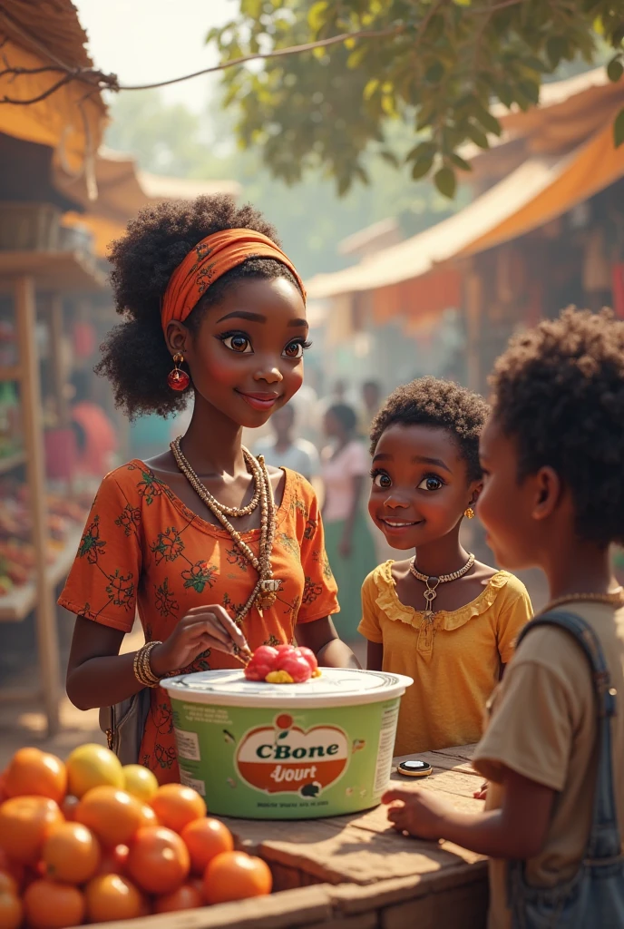 With a dark black African lady in a shop working generate an image in the background of another dark black lady with the friends laughing and pointing hands  at the lady in the shop in an African village market setting. Make it realistic with real human 