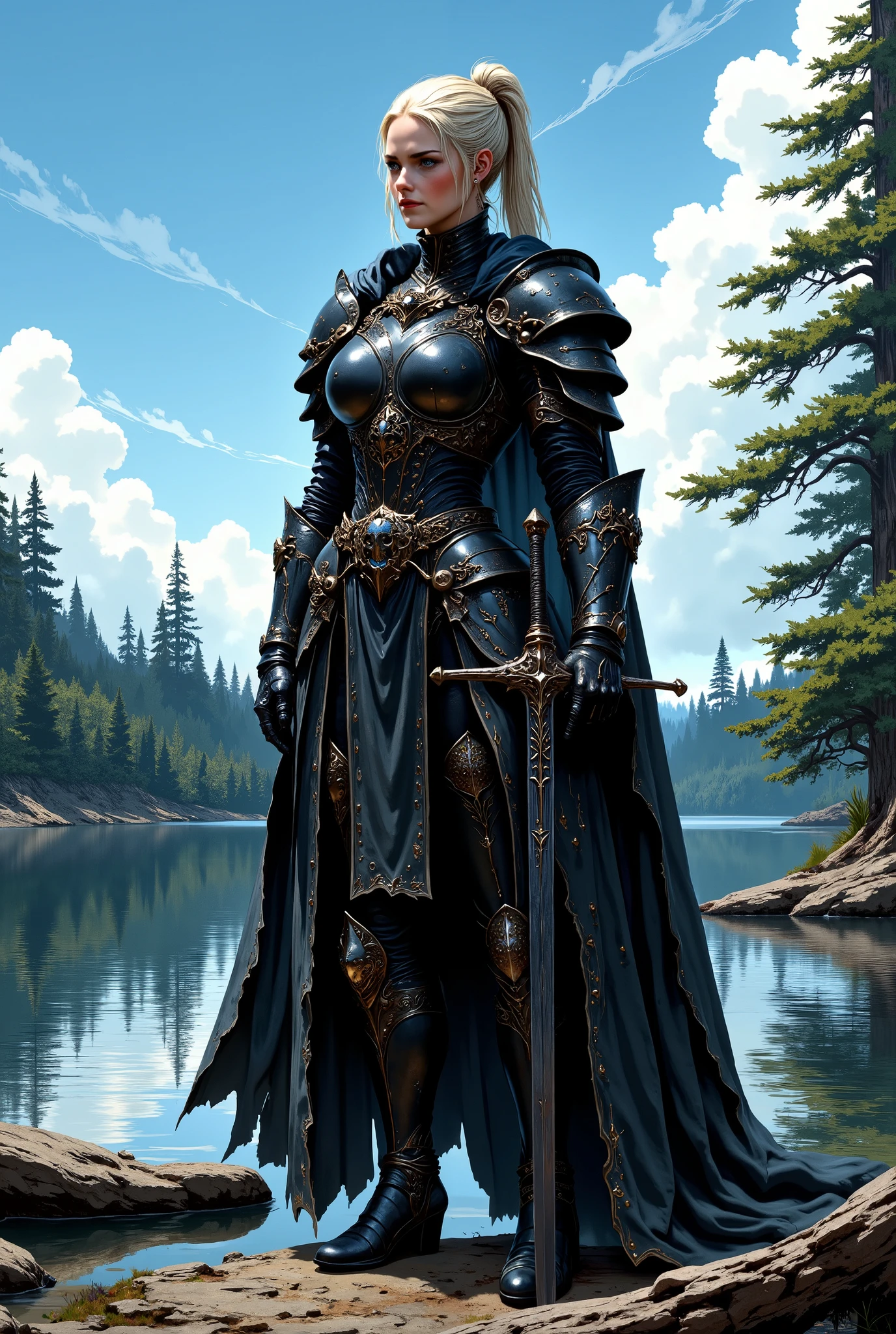 In RPG style, in style of Dungeons & Dragons, in style of fantasy painting. Full body view, looking at the viewer. Image of a female warrior, holding a sword with dark blade. Dark Armor. Dark pants. High leather boots with small heels. Blonde hair. ponytail hairstyle. Standing with both feet on the Forest lake shore, Pine Forest in the background. Clear blue sky with white clouds.