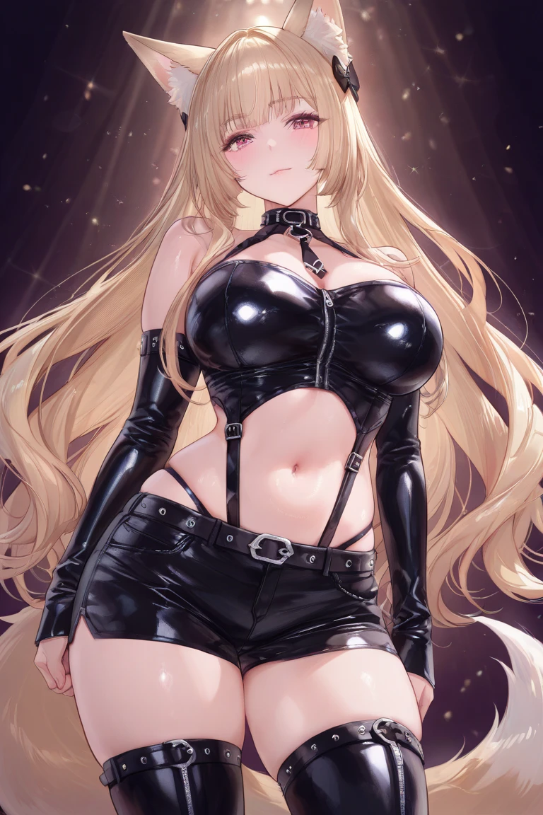 young girl, longue blonde hair, Two pigtails, blue eyes, elf ears, smirk, Black Sueperro Mask, black skintight clothes, leather clothes, open belly, open breasts, Huge-breasts, Wide neckline, Sleeveless, Shorts, tattoo, lots of tattoos, Masterpiece, hiquality, 4k, HD, Good detail