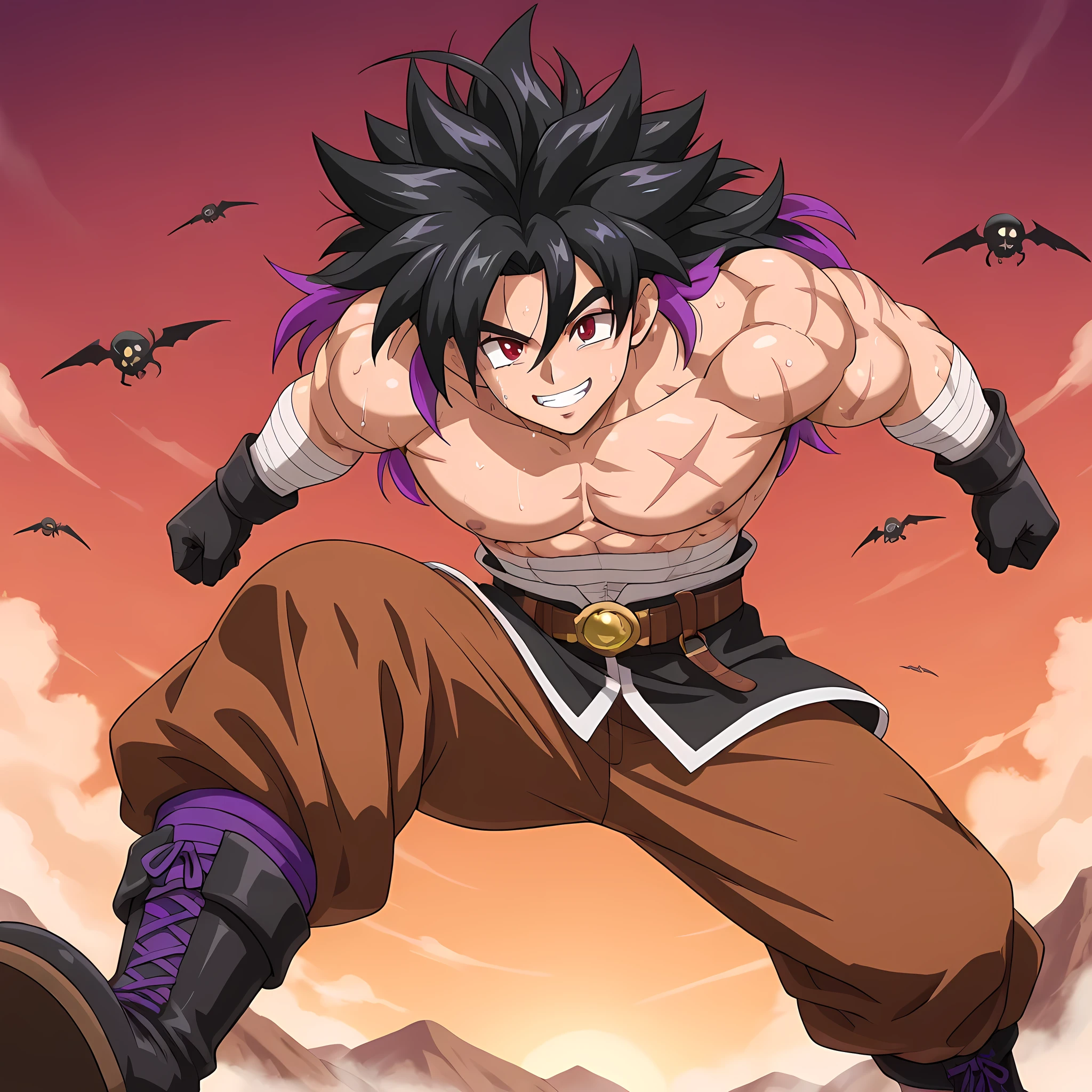 (high side angle), ((epic anime scene, 1man, air pressure attack, epic battle scene):1.10), (Chrono Trigger anime style:1.15, anime style warm colors, ultra quality, full HD, 4K quality, perfectly detailed eyes, rich scenery details, ultra facial details, ultra image sharpness, epic atmosphere, balanced light, character focus, attractive man), ((Chrono Trigger anime style gloomy forest, bats flying around, mountains visible in the distance, dense fog, distant kingdom seen on the horizon)), {Chrono from Chrono Trigger}:((Adventurer's outfit, muscular body uncovered, black skull printed on Aladdin-style pants, sarcastic behavior, cruel smile, man looking dangerous, red eyes, half-closed gaze, brown pants, black belt, black bracelets, skull-shaped ahoge hair, sweaty skin, black cloth boots with purple laces, very long, messy hair at the ends, two-tone black hair, lilac highlights at the ends of the hair, ultra-detailed pupils, wearing black gloves, bandages around muscular arms, scars all over the body)), ((smile with teeth sample, Gohan style spiky hair, body upright, muscular chest, strong body, man with a defined body, adult man's look):1.10).
