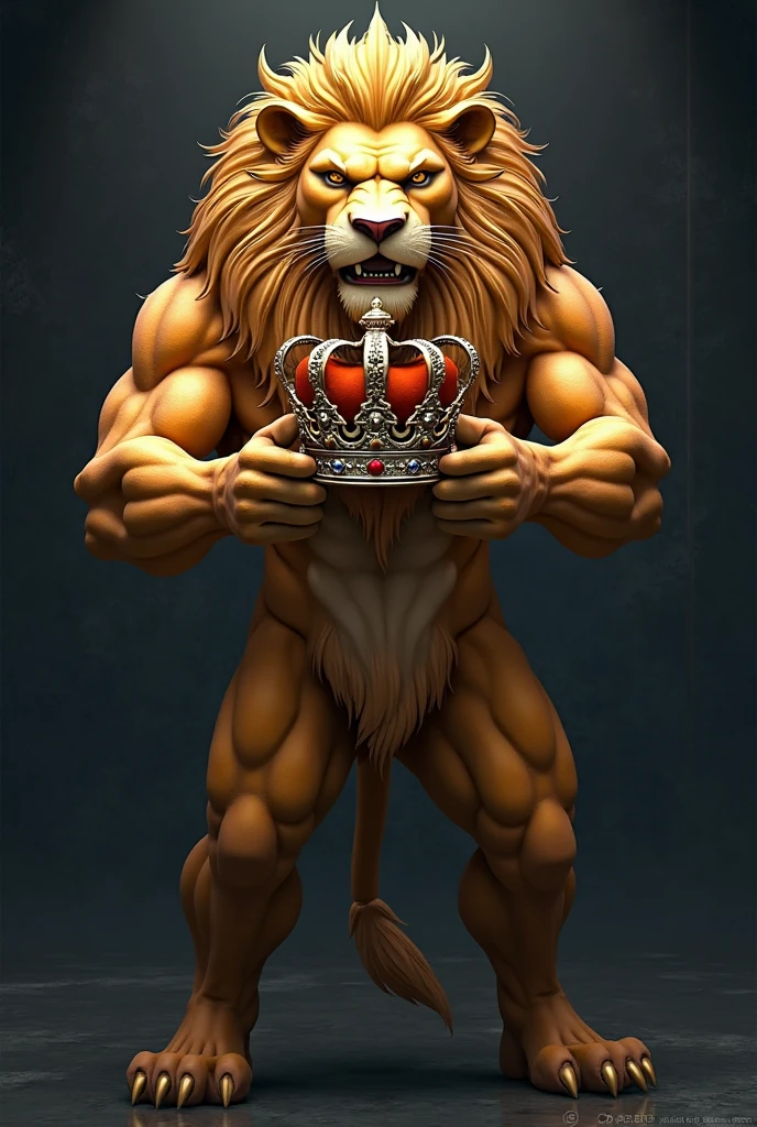 A little lion smiling with the face of someone who smoked marijuana with a crown and paws up greeting