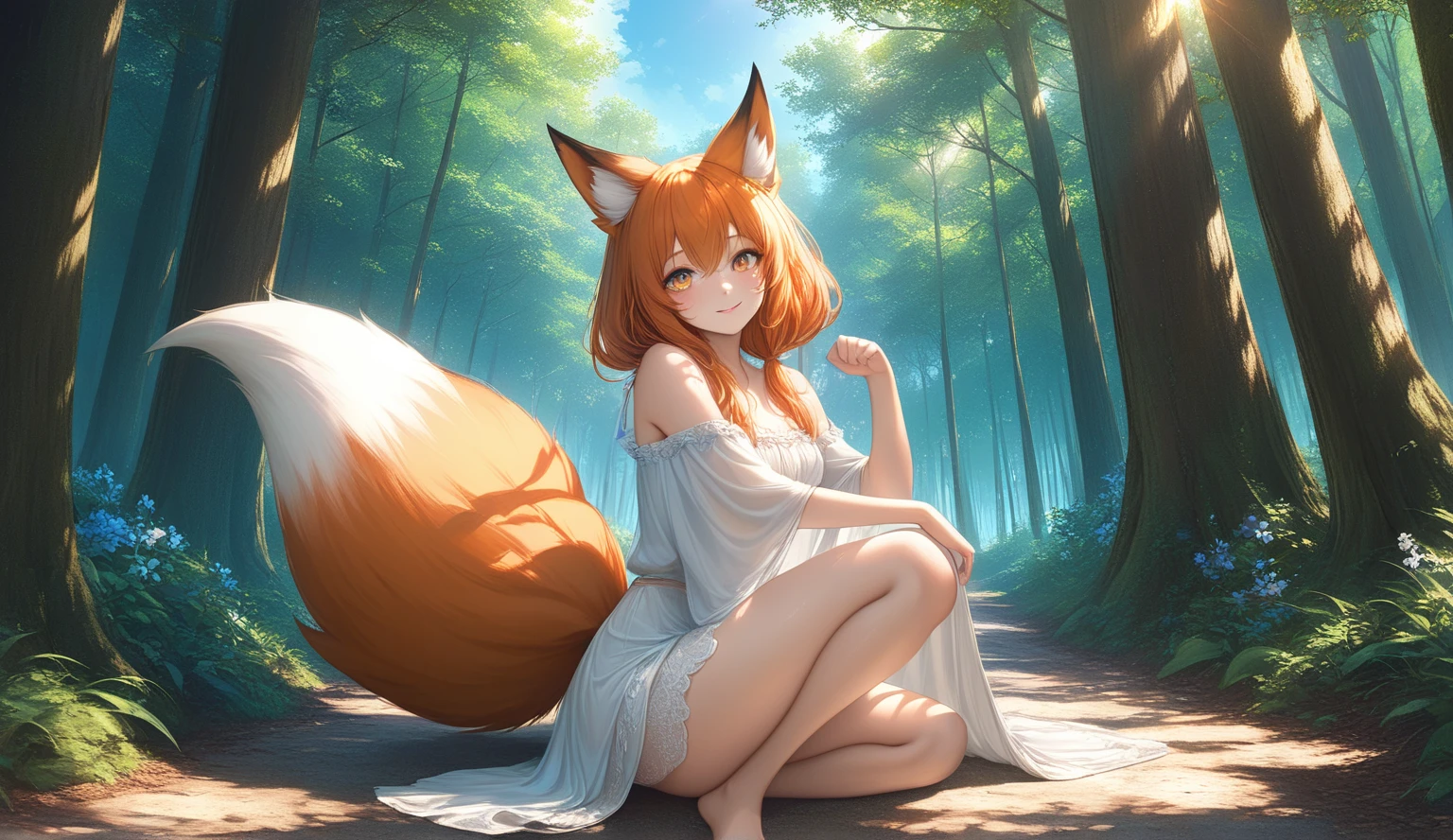 fluffy, red fur, tail, white elements on fur, Normal breast, nice front view, POV, summer shirt, summer shorts, close-up, Sitting, trees, summer, night, beautiful light and shadows, ambient light, ultra detailed fur, volumetric light