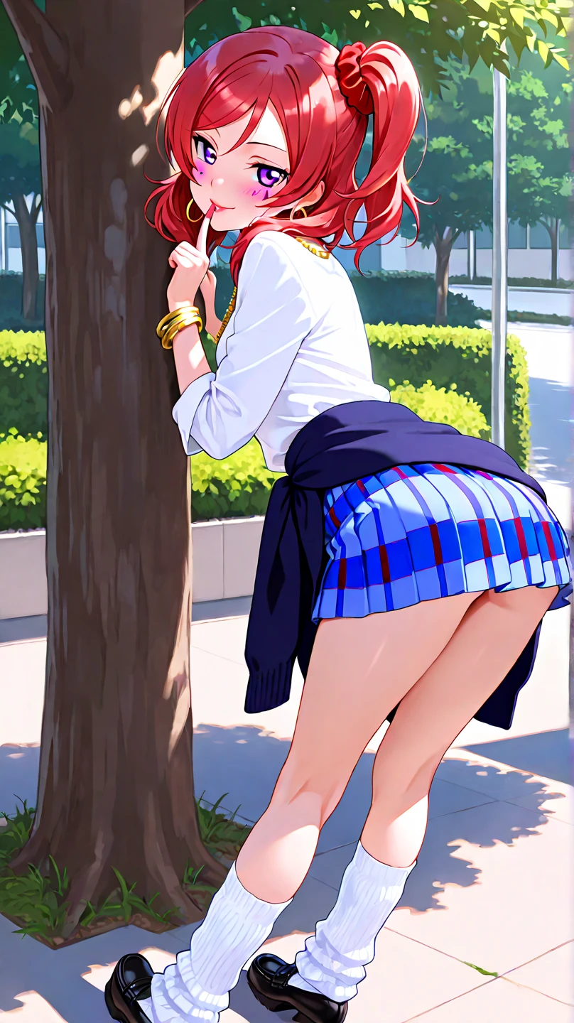 Highest quality,One person,((Big Breasts:1.1)),orgasm,blush,anger,Sweat,vapor,Fourth floor Nakano, bangs, short hair, blue eyes, Hair between the eyes, Hair Ribbon, hair band, Orange Hair, (Green ribbon:1.5),((school uniform, White shirt, Green Skirt, mini skirt, White knee socks,Green panties,Striped panties:1.1)),garden,walk,Pussy juice,From behind