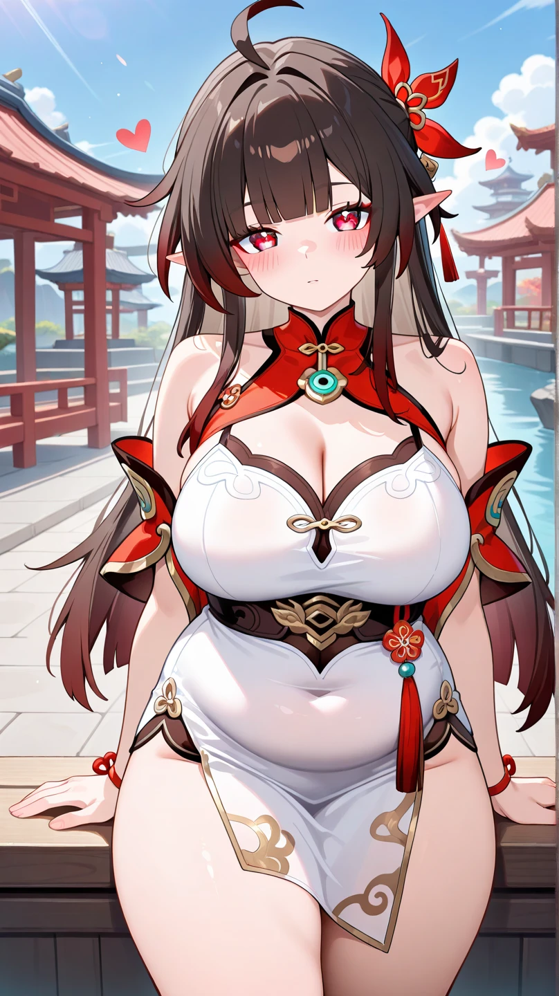 A woman wearing Chinese clothes, in a Chinese landscape, big breasts, black hair, red eyes, smiling.