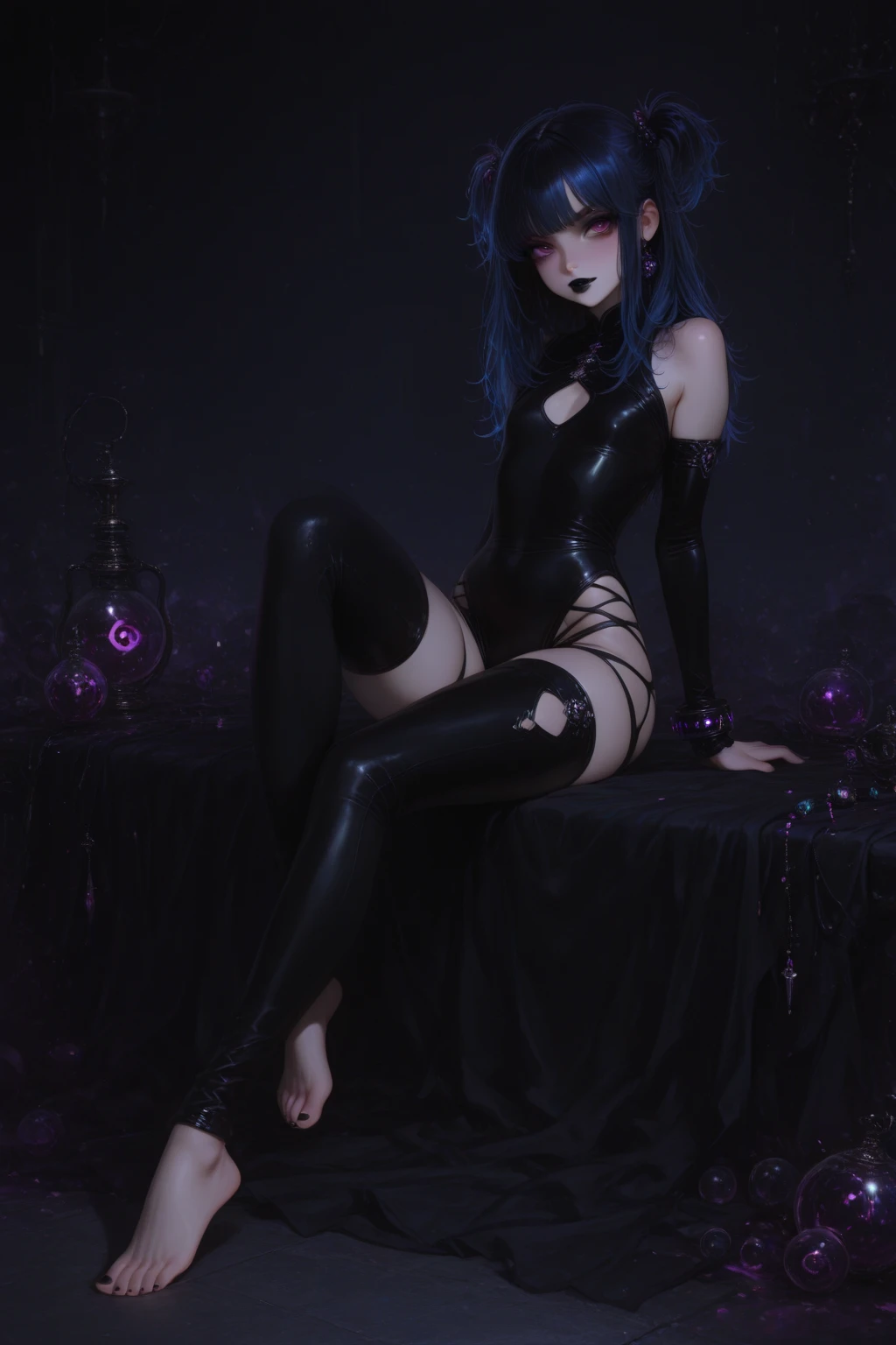 1girl, (grey skin, purple skin:1.4), dark skin, (oni, oni horns), sitting, relaxed, demon girl, (long black hair, cute hairstyle, messy hair), lots of hair, (large eyes, glowing eyes, purple eyes), (slit pupils), lithe, thin, sinuous, (toned body, strong, fit), sweaty, sweat, wild, lewd, sadistic expression, evil grin, cruel, small hands, small feet, iron collar, iron shackles, aroused, feral, full body, dynamic, (inhuman, femdom), bangles, exotic, fantasy species, sorceress dress, sexy one-piece, silk, (fangs), (medieval fantasy, cozy home, comfortable room, indoors, late night, night:1.4, warm atmosphere, luxurious hearth, deep shadows, rich wood, adventurer's home), (best quality:1.2, sharp clarity, great skin detail, photorealistic, detailed features, magical realism), analog style, raw photograph, feet, toes, barefoot, from below, FanInt, 0n1, herzhax, short eyebrows, pickle eyebrows, cut3h0rnstyl3, fantasy, tree, Medieval fantasy world, Moonlight at night, Night scene