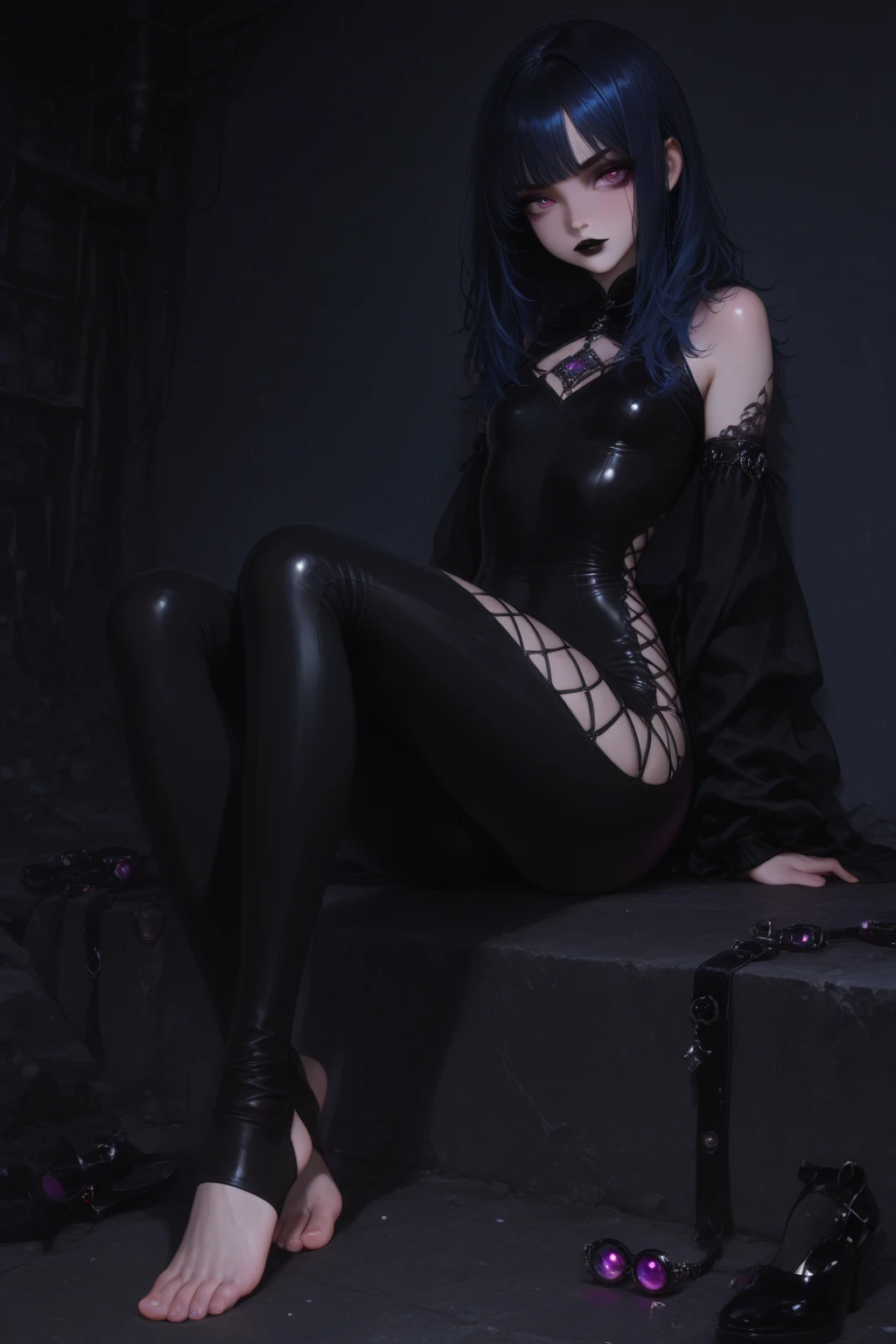 Ultra-realistic 8k CG, masterpiece, best quality, (photorealistic:1.4), absurdres, extremely detailed, real hair, life-like, horror scene, dark setting, provocative pose, girl covered in slime, skin-tight wet black swimsuit, tentacles wrapped, on knees, very skinny, goth, fingering her pussy, squirt, squirting everywhere, very horny, heart pupil, tongue out, drool flowing from her mouth, aphrodisiac, messy blue hair, blue eyes, long black nails, large tattoo, small pussy, very sweaty body, wet pussy, small breast, small ass, masturbating, tired of masturbating, nipple piercing, gothic accessories, gothic belt, on the bed, ahegao, rollong eyes, 10 years old, blush, Embarrassed, peeing, girl pees everywhere, 165cm, vibrating, final setting vibrator, remote_play, remote_vibrating caughtpeeing, peeing, female masturbation, She hornily tells me "fuck me darling", she too much cums everywhere, she wet everything with her cum, She was going to faint while fingering her own pussy,